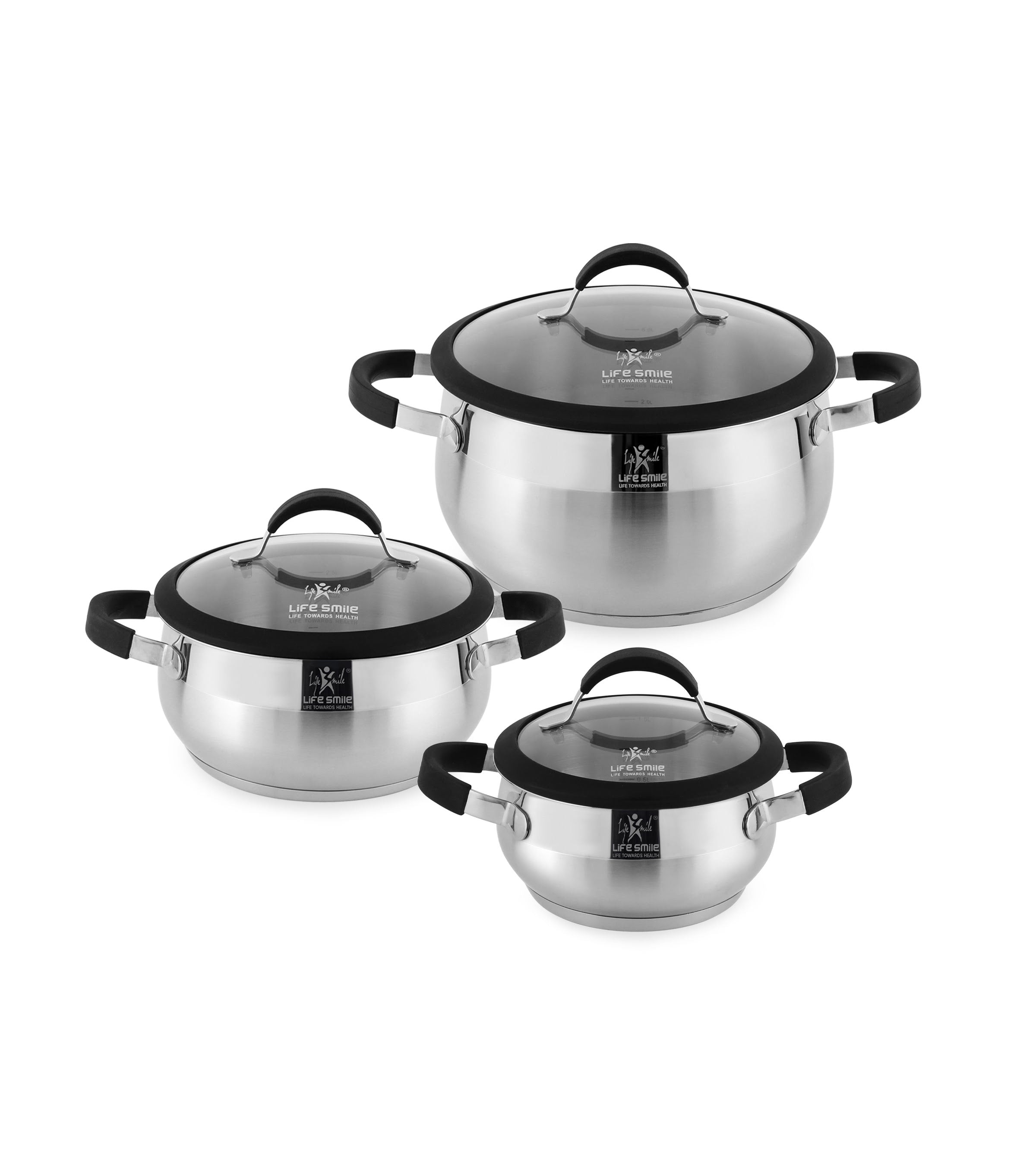 Life Smile 18/10 Stainless Steel Cookware Set with Silicone Handles & Glass Lids LIFEP22-6-2