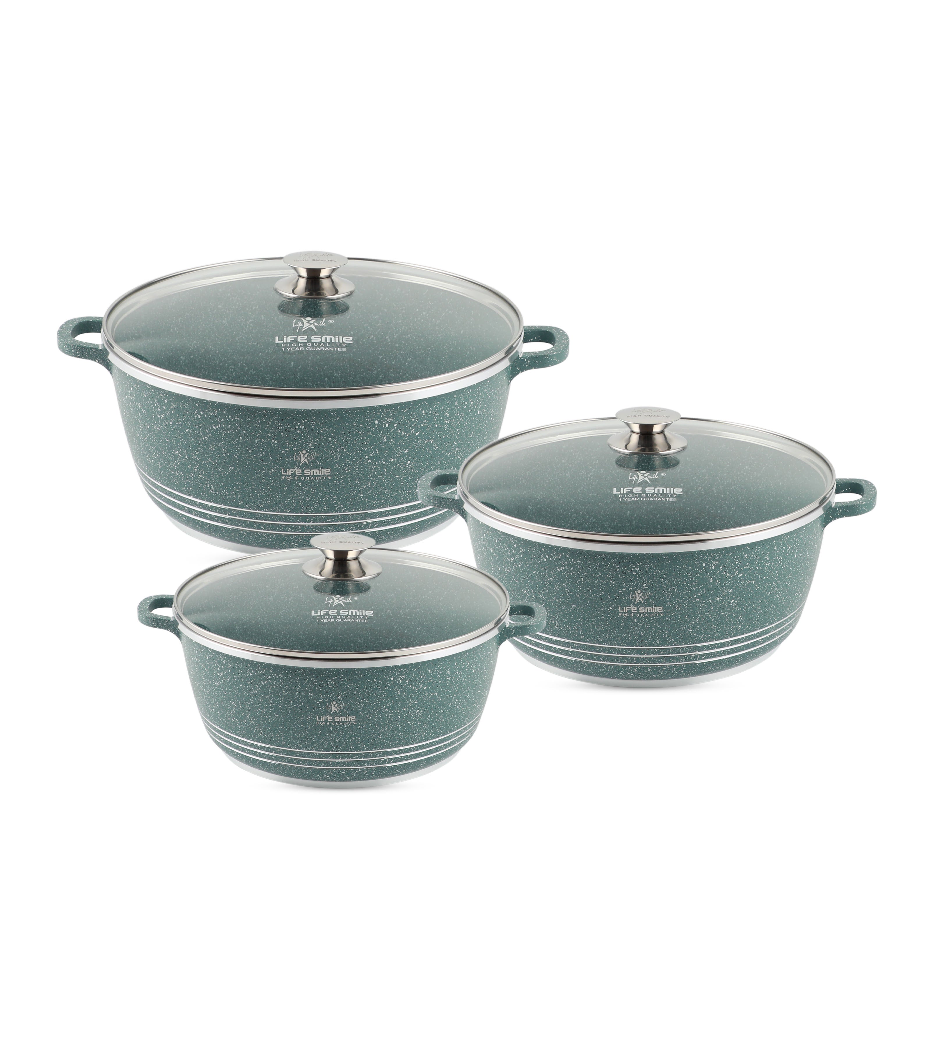 Life Smile Nonstick Casserole Set with Glass Lid LIFEP7-3-GREEN