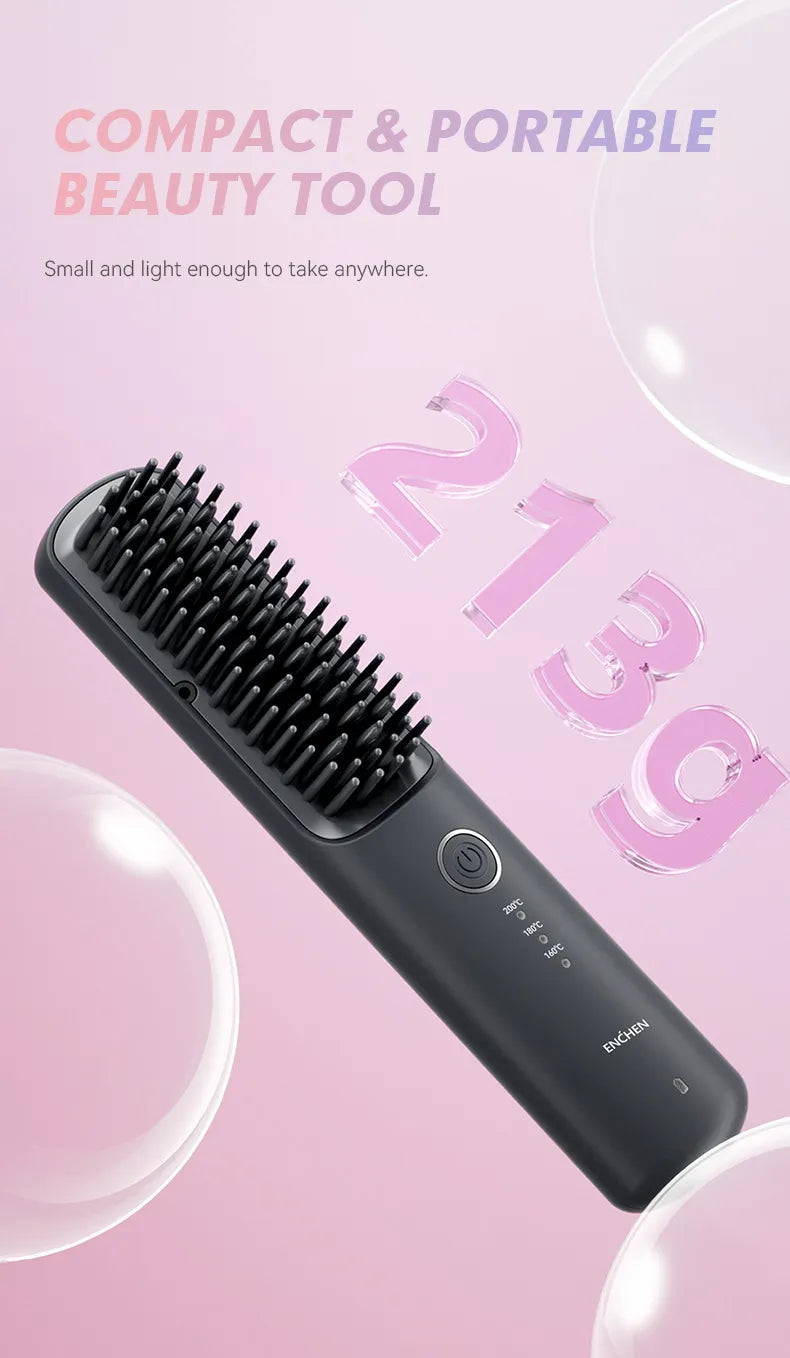 Enchen Hair Straightener Brush – Dual-Use Straightener & Curler with Burn Prevention & Auto Shut Off - H6