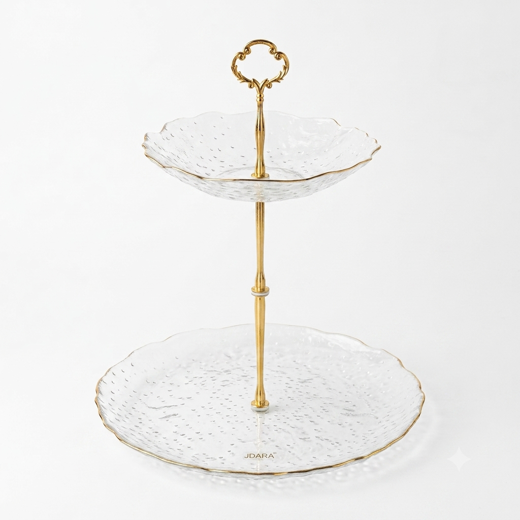 2-Tier Glass Cake Stand - Gold Rim Scalloped Edge - Dessert Display Stand with Handle - VG081