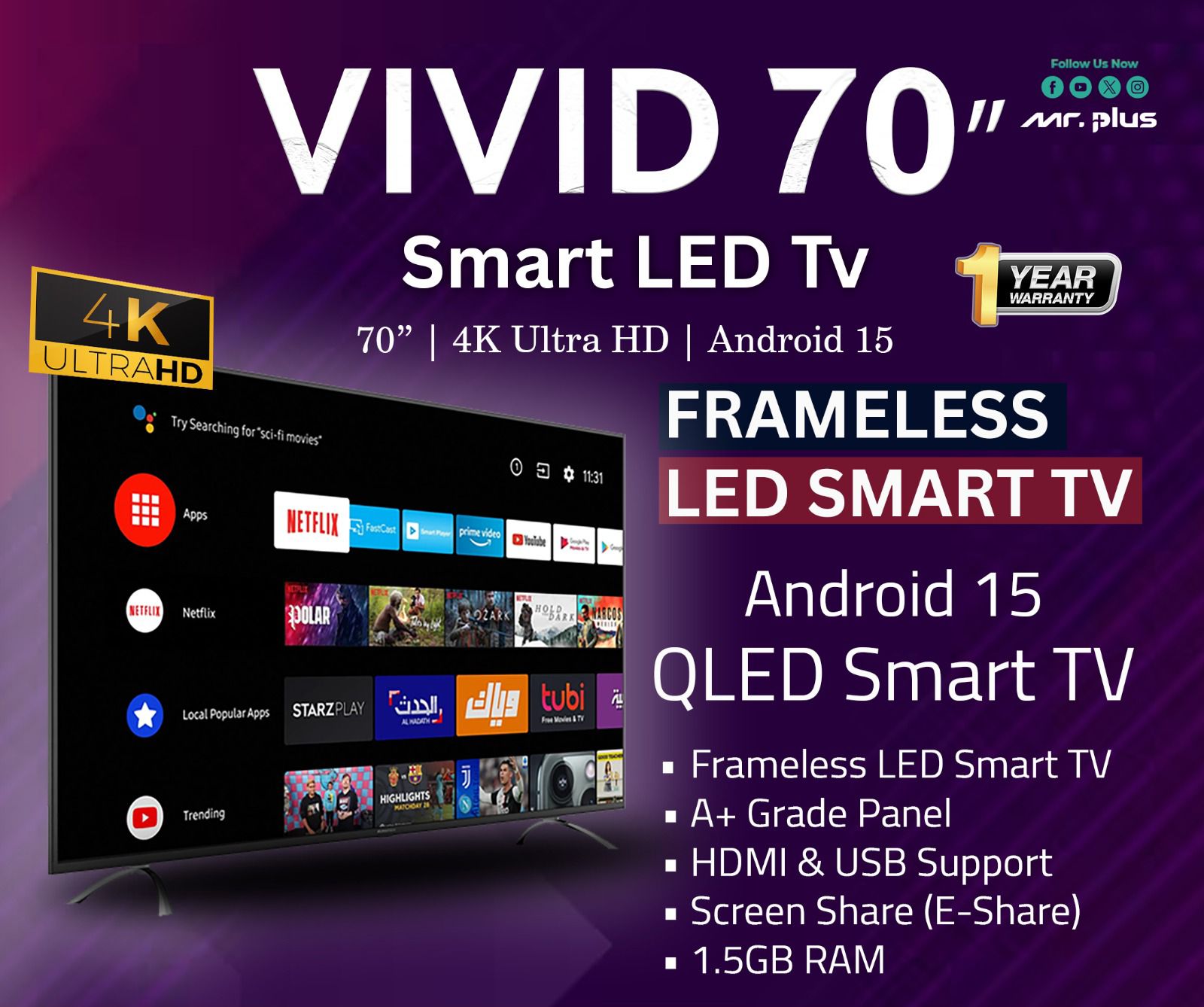 Blueberrys Vivid 70 Inch Smart LED TV