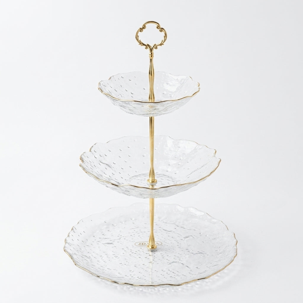3-Tier Glass Cake Stand - Gold Rim Scalloped Edge - Dessert Display Stand with Handle - VG082