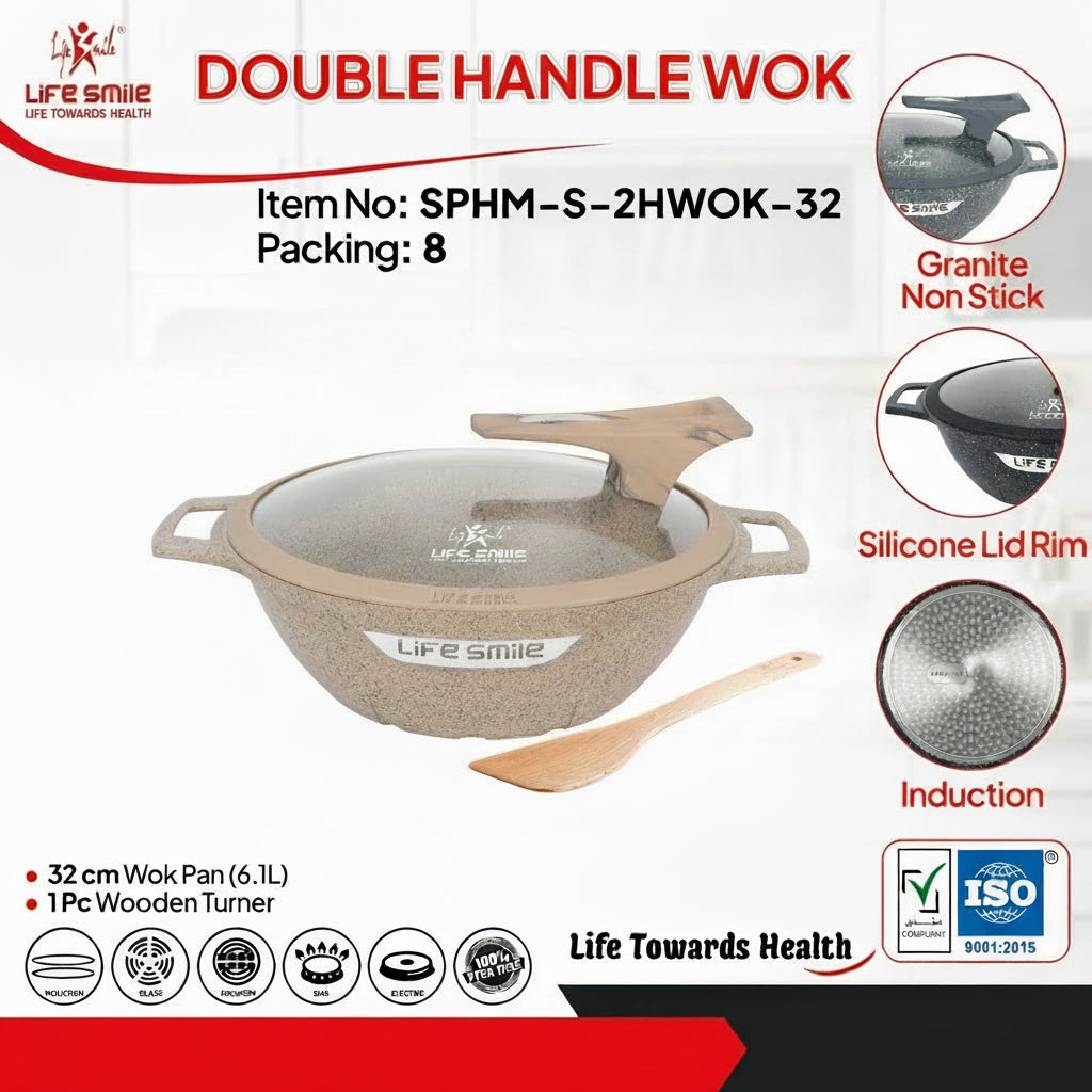 Life Smile Granite Non-Stick Double Handle Wok with Lid SPHM-S-2HWOK-32