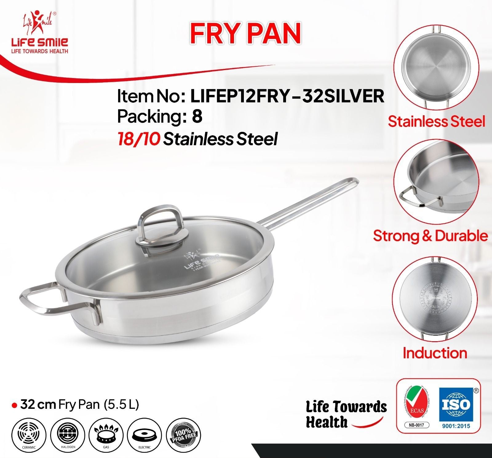 Life Smile Stainless Steel Fry Pan with Lid LIFEP12FRY-32SILVER