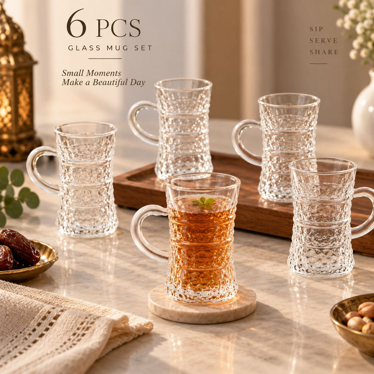 6-Piece Textured Glass Mug Set with Handles – Tea & Coffee Cups - BL058