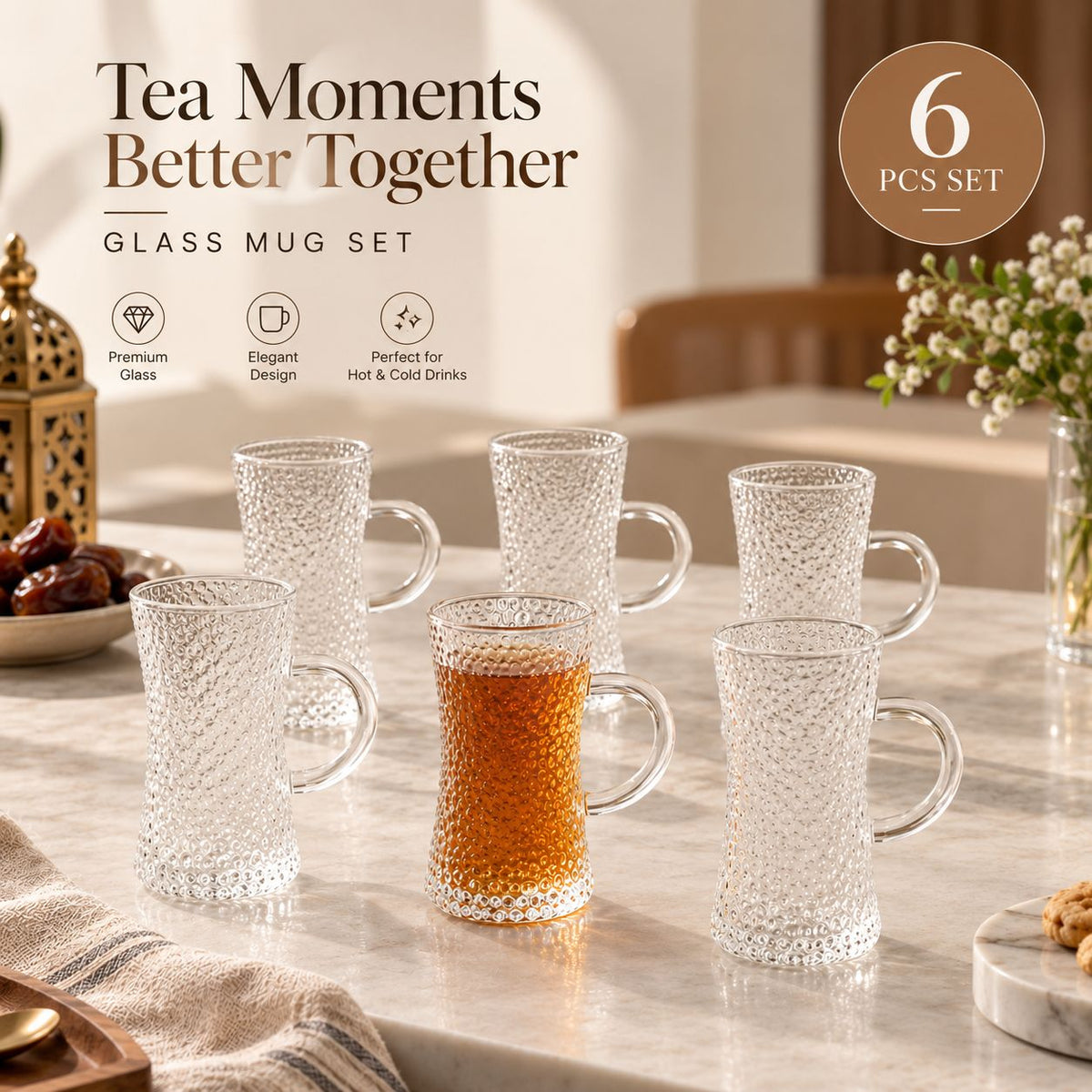 6-Piece Textured Glass Mug Set with Handles – Tea & Coffee Cups - BL057