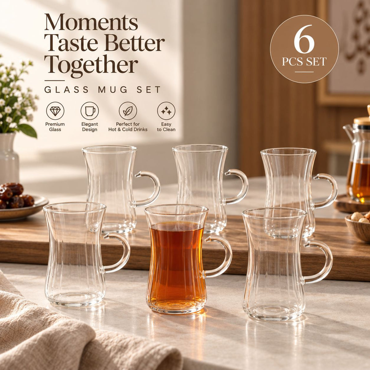 6-Piece Clear Glass Mug Set with Handles – Elegant Tea & Coffee Cups - BL059