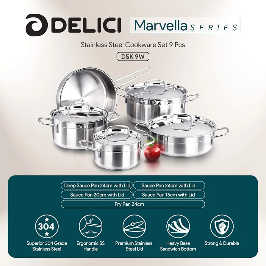Delici Stainless Steel Cookware Set 9 Pcs - DSK 9W