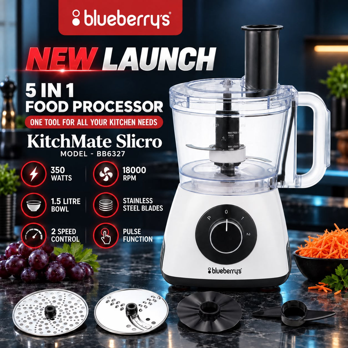 Blueberrys KitchMate Slicro 5-in-1 Food Processor - 350W - 1.5L - 18000RPM - Stainless Steel Blades - BB6327