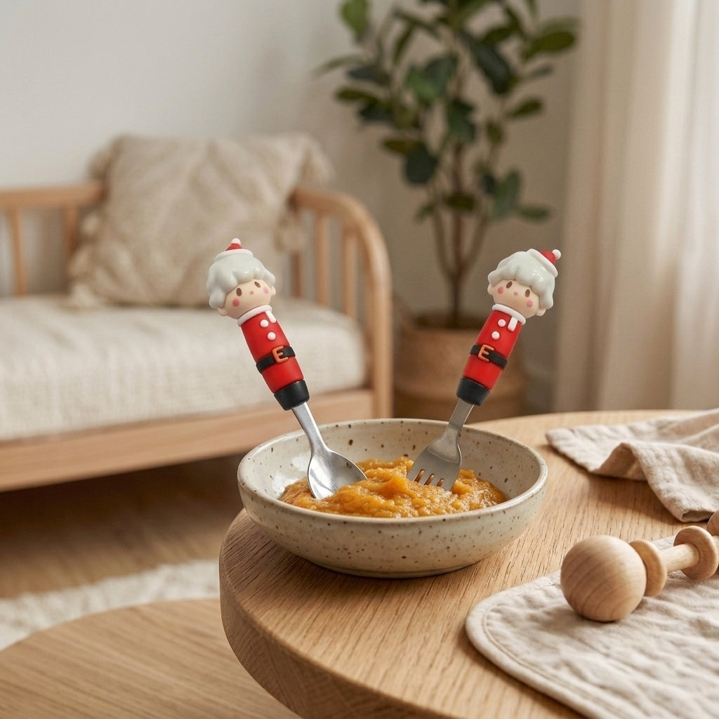 Kids Stainless Steel Spoon and Fork Set - Cute Santa Figurine Handle - Baby Cutlery Set - 3814 KIDS