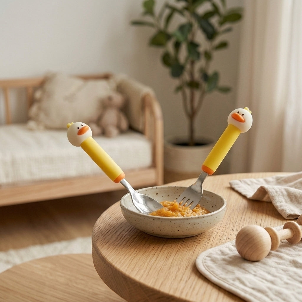 Kids Stainless Steel Spoon and Fork Set - Cute Duck Figurine Handle - Baby Cutlery Set - 3814 KIDS
