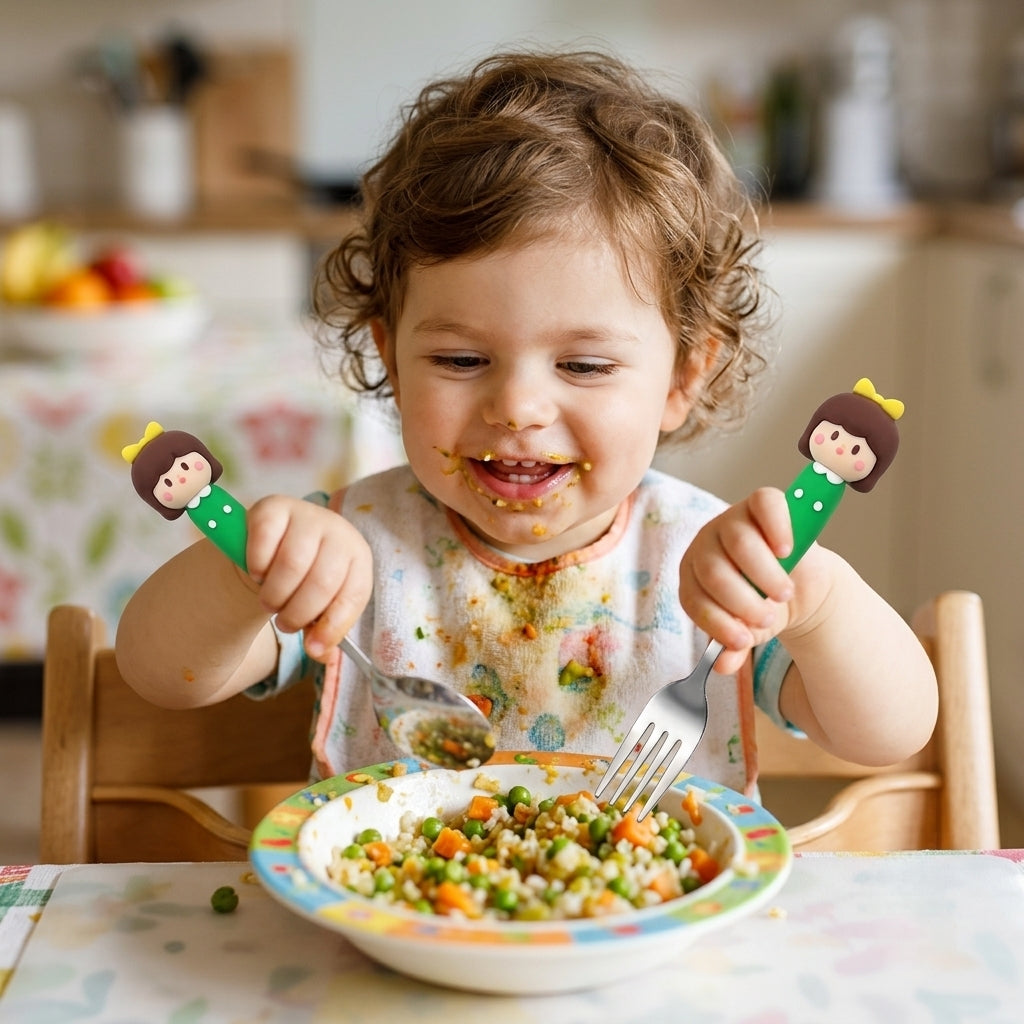Kids Girl Spoon & Fork Set - Cute Baby Feeding Utensils - 3814 KIDS
