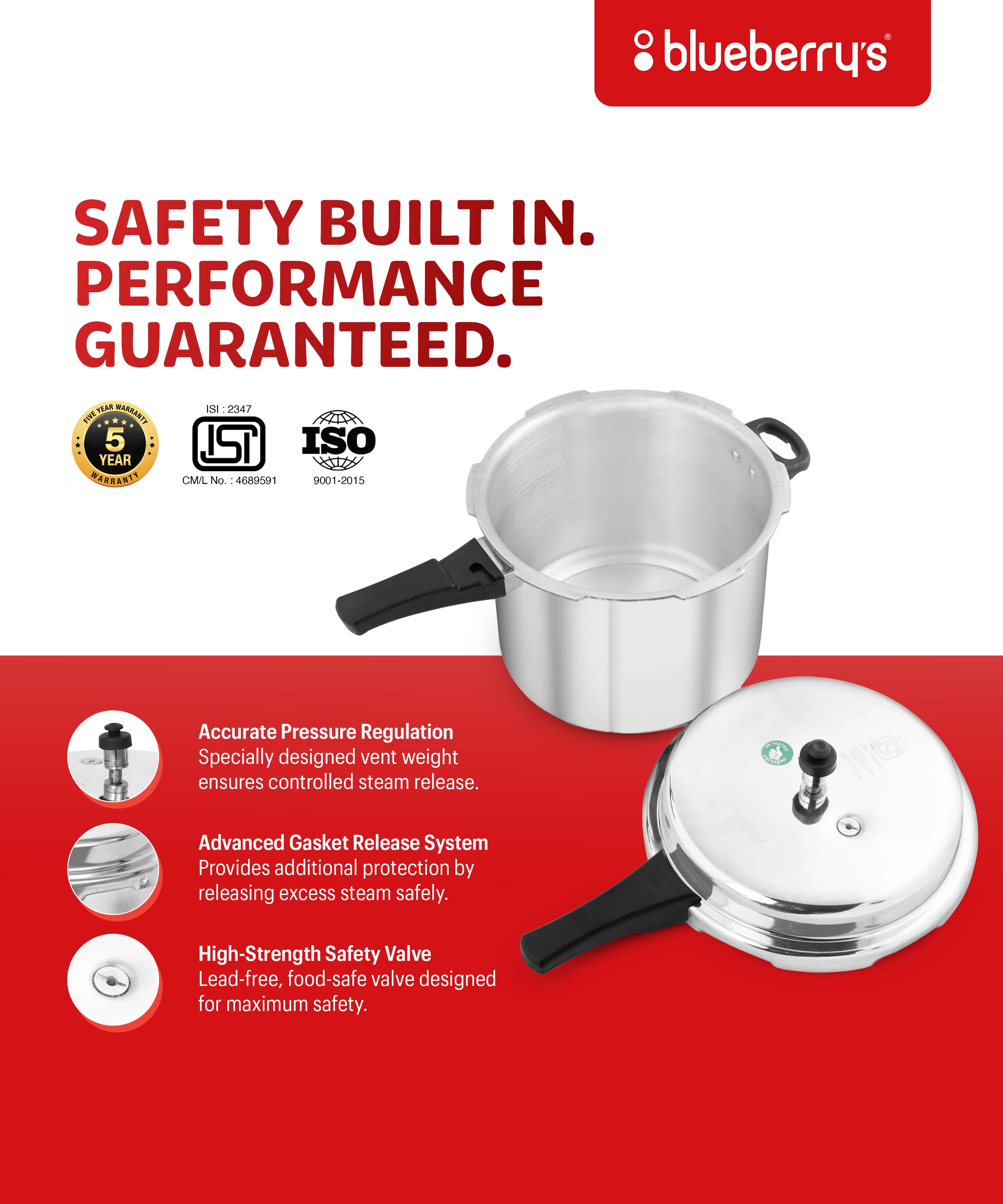 Blueberrys Aluminium Pressure Cooker 3L BPC 1110 (IB)