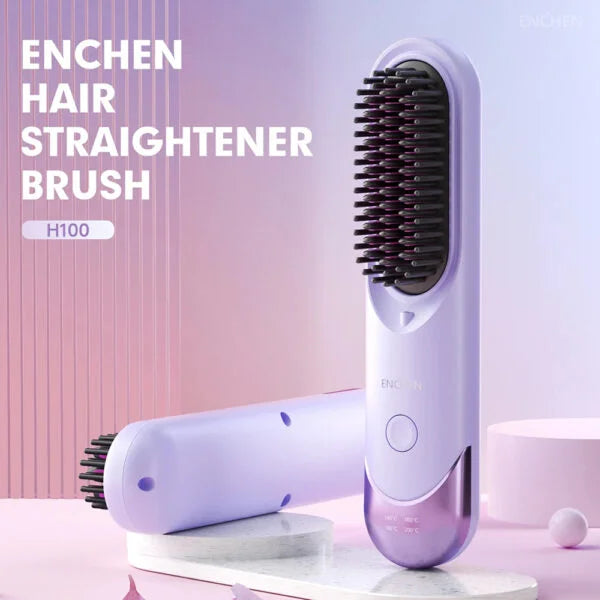 Enchen Cordless Hair Straightener Brush – Dual-Use Straightener & Curler with 4 Temperature Settings - H100