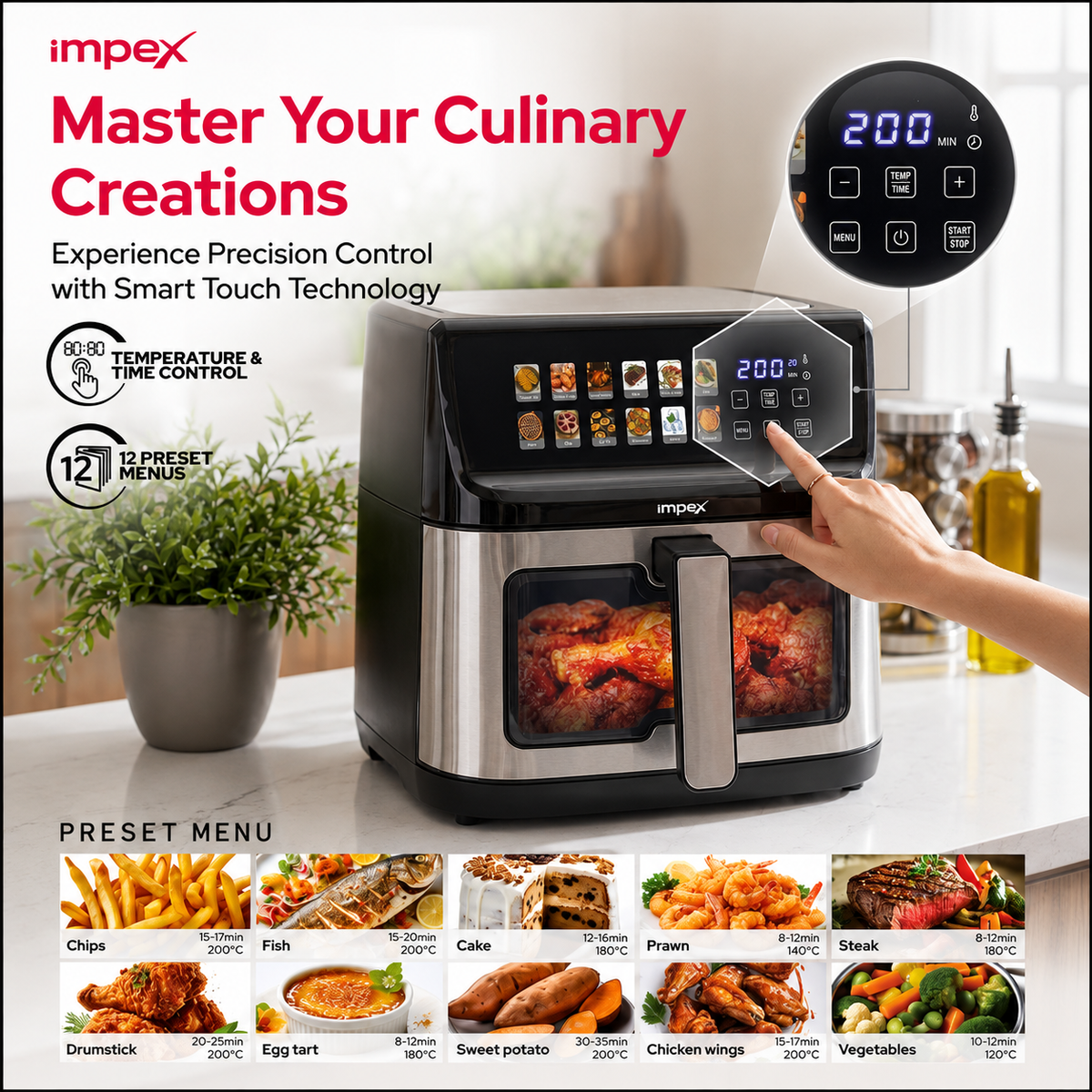 Impex Digital Air Fryer - 11 Liter - 1800W- Oil-Free Air Fryer Oven with 12 Preset Menus - Transparent Glass Window - AF4311