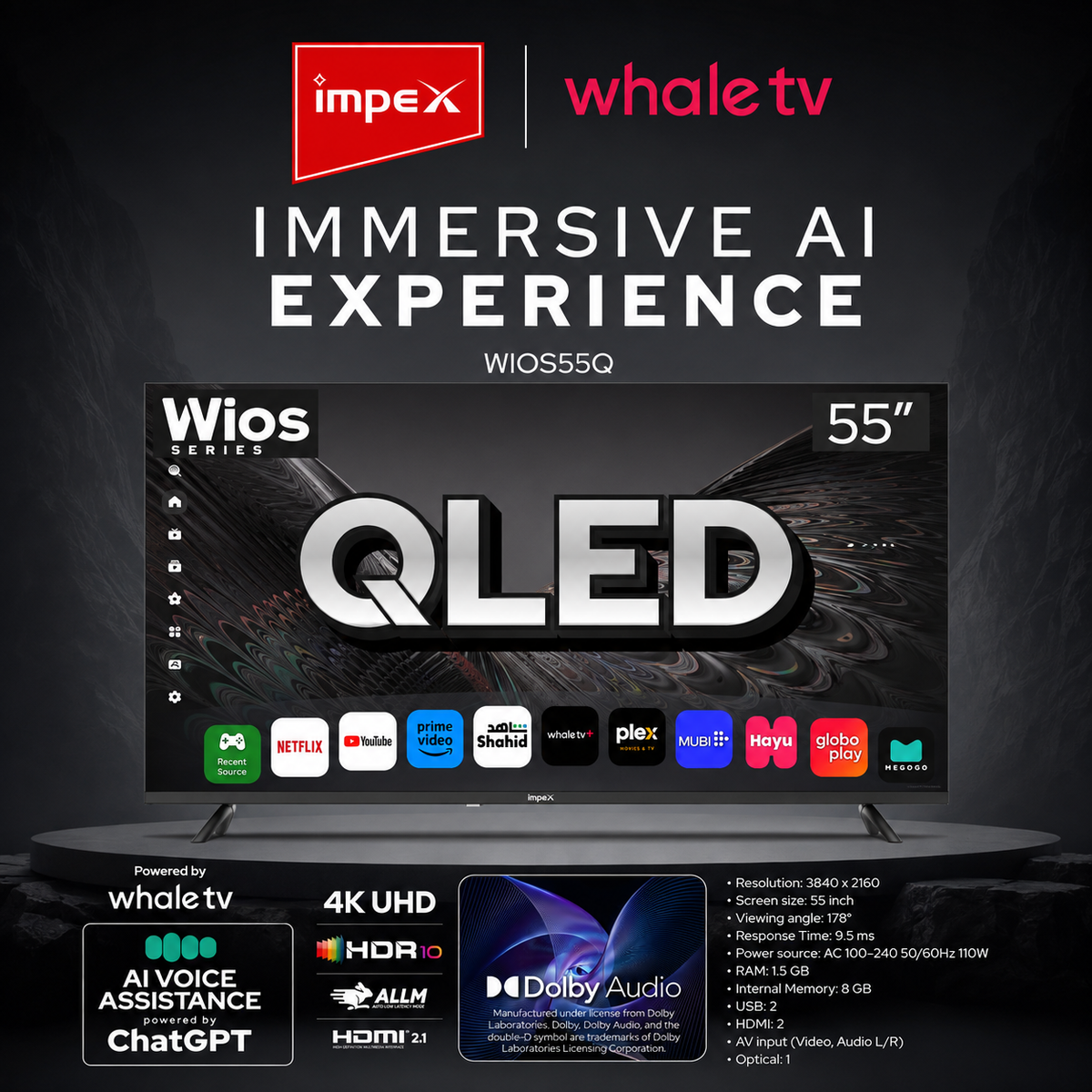 Impex Wios Series 55" QLED 4K UHD Smart TV - HDR10 - Dolby Audio -AI Voice Assistance - WIOS55Q