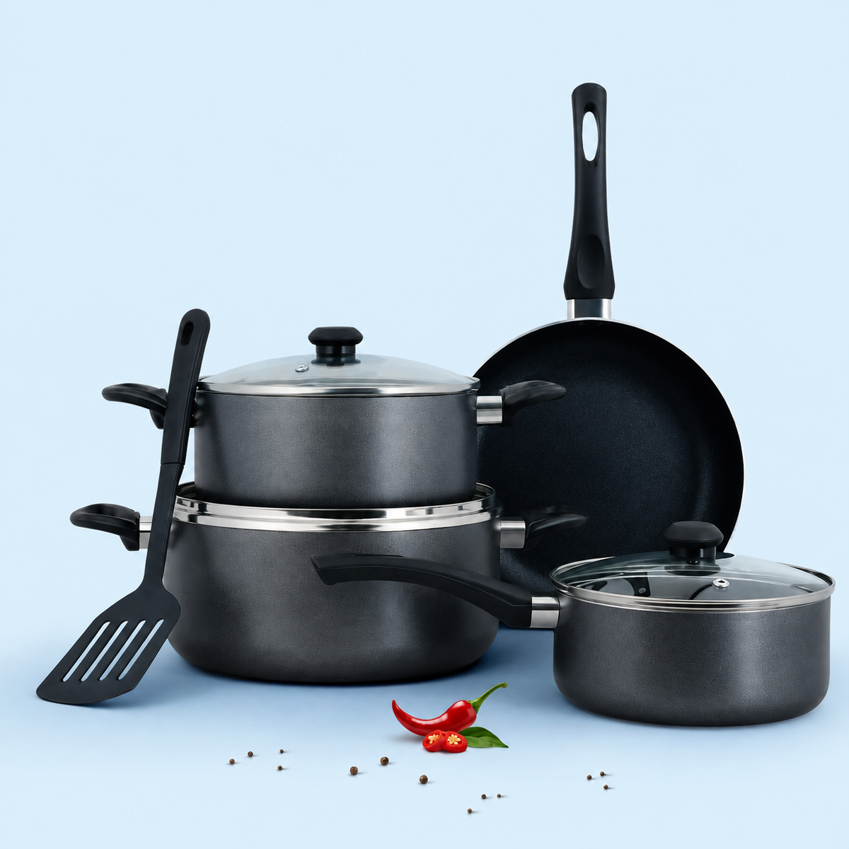 Impex Nonstick Cookware Set 8 Pcs - 10X Tougher Non-Stick | Healthy PFOA-Free Interior | Heat Resistant | Tempered Glass Lids | Induction Compatible (NCS8G)