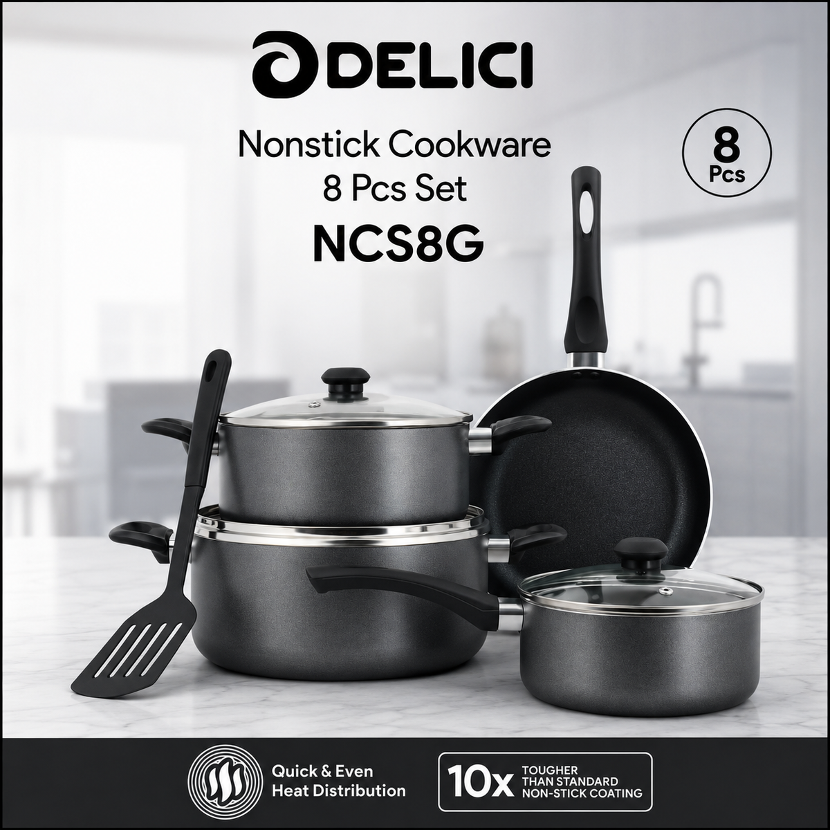Impex Nonstick Cookware Set 8 Pcs - 10X Tougher Non-Stick | Healthy PFOA-Free Interior | Heat Resistant | Tempered Glass Lids | Induction Compatible (NCS8G)