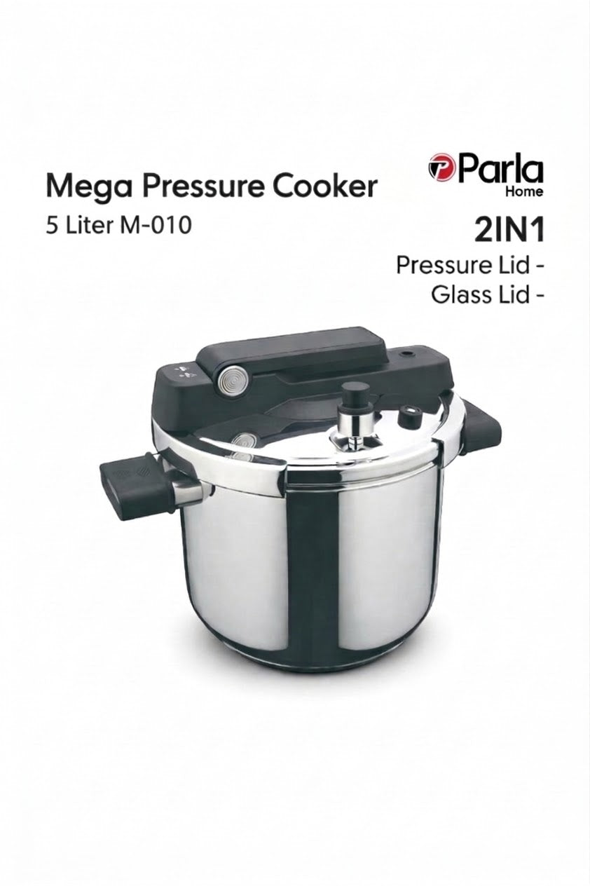 Mega Series 5L Stainless Steel Pressure Cooker Set - Model M-010 with Glass Lid