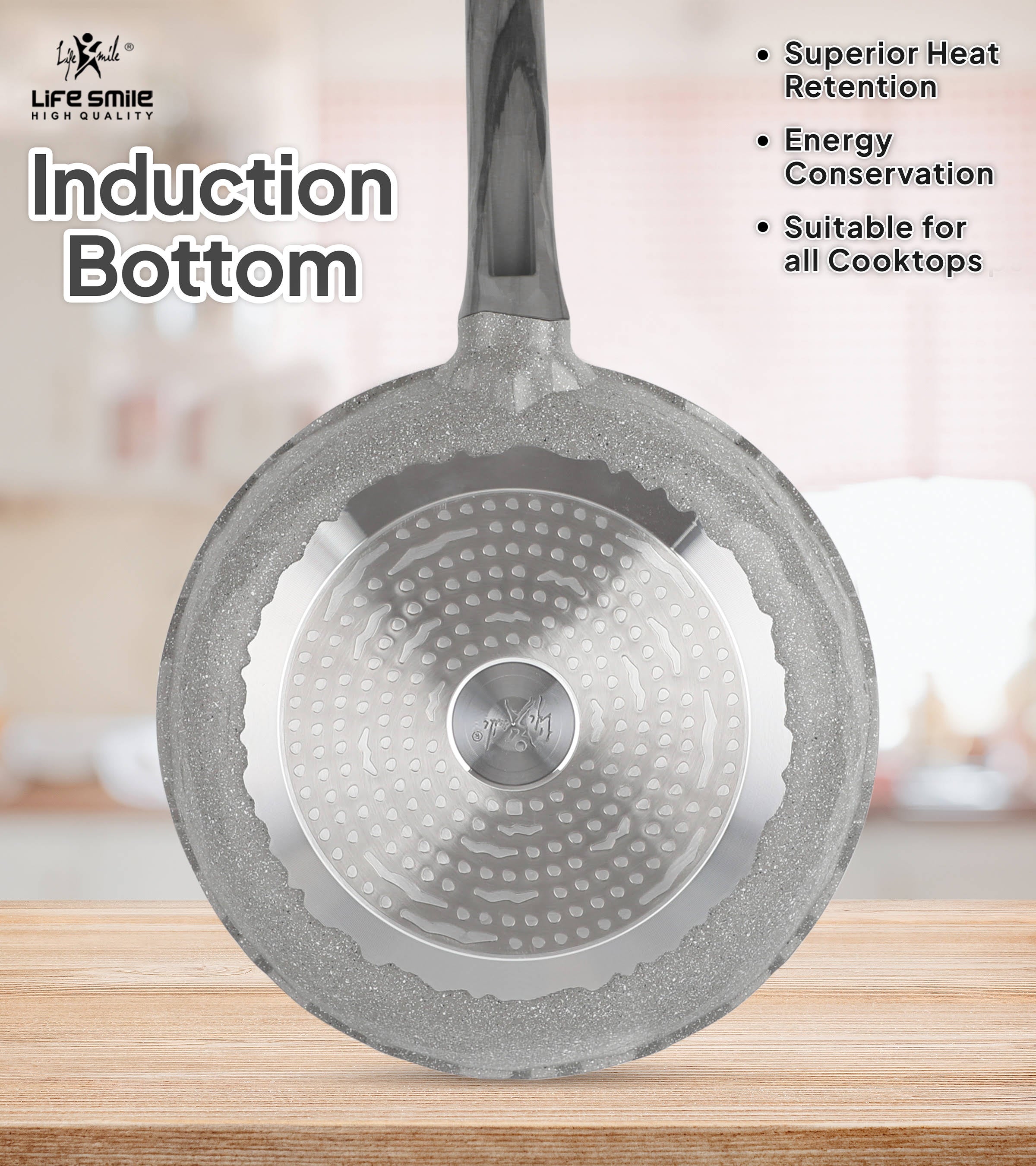 Life Smile Fry Pan Set 3 pieces Induction Bottom Granite Coating 7FP7SET-GREY
