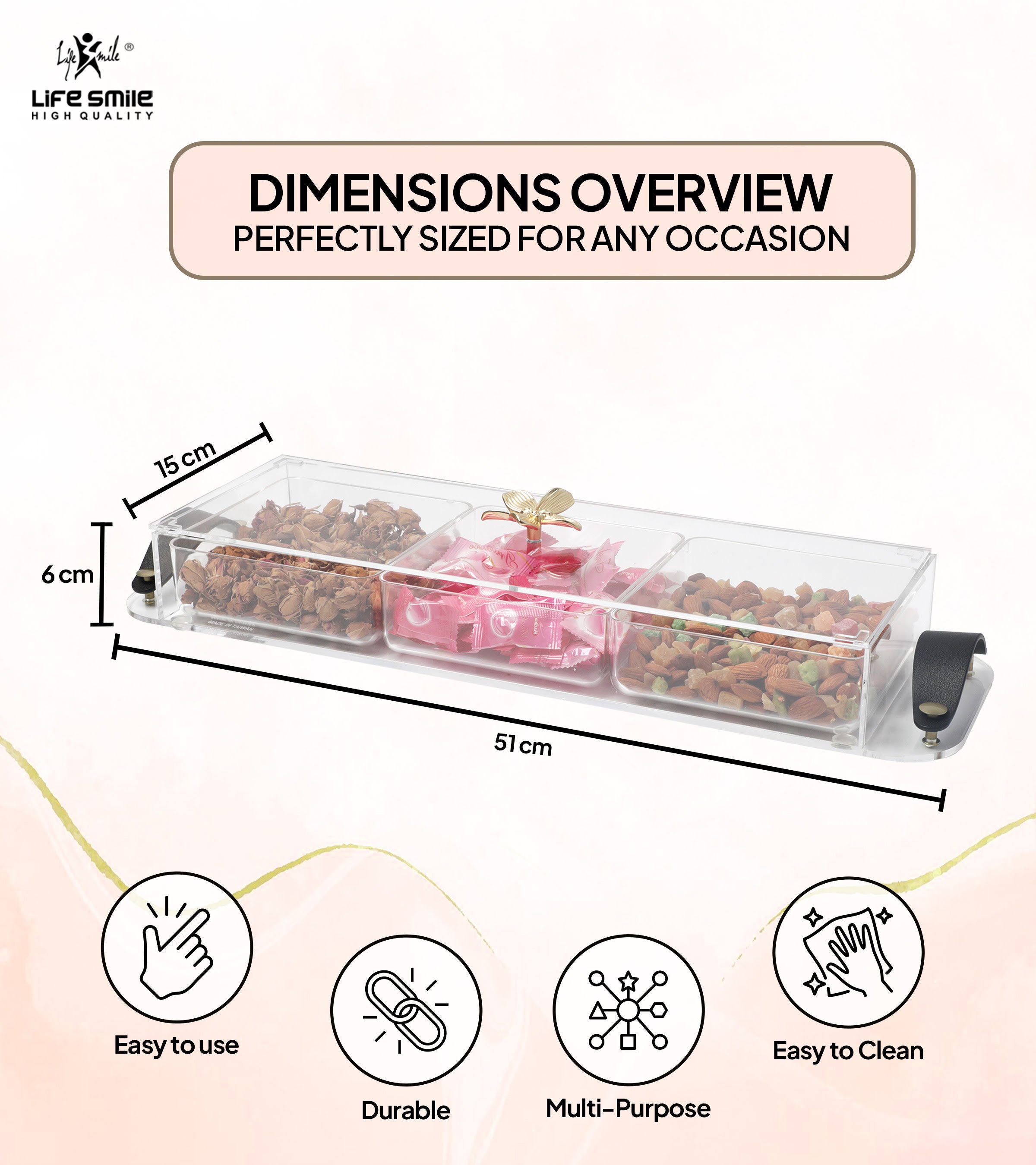 Life Smile Acrylic Serving Tray with 3 Sections and Leather Handle - AC30146