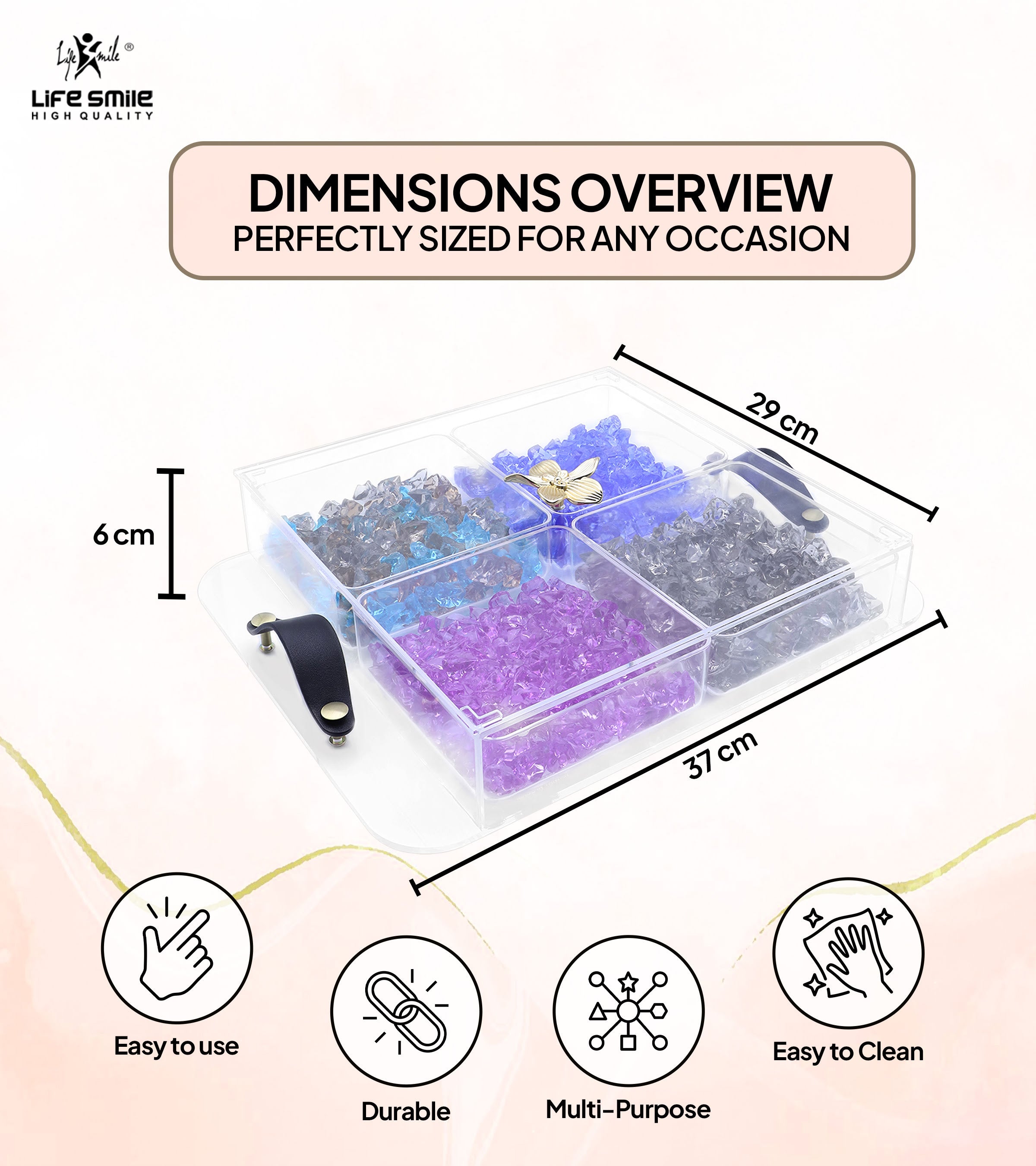 Life Smile Square Acrylic Serving Tray with 4 Sections and Leather Handle - AC30147