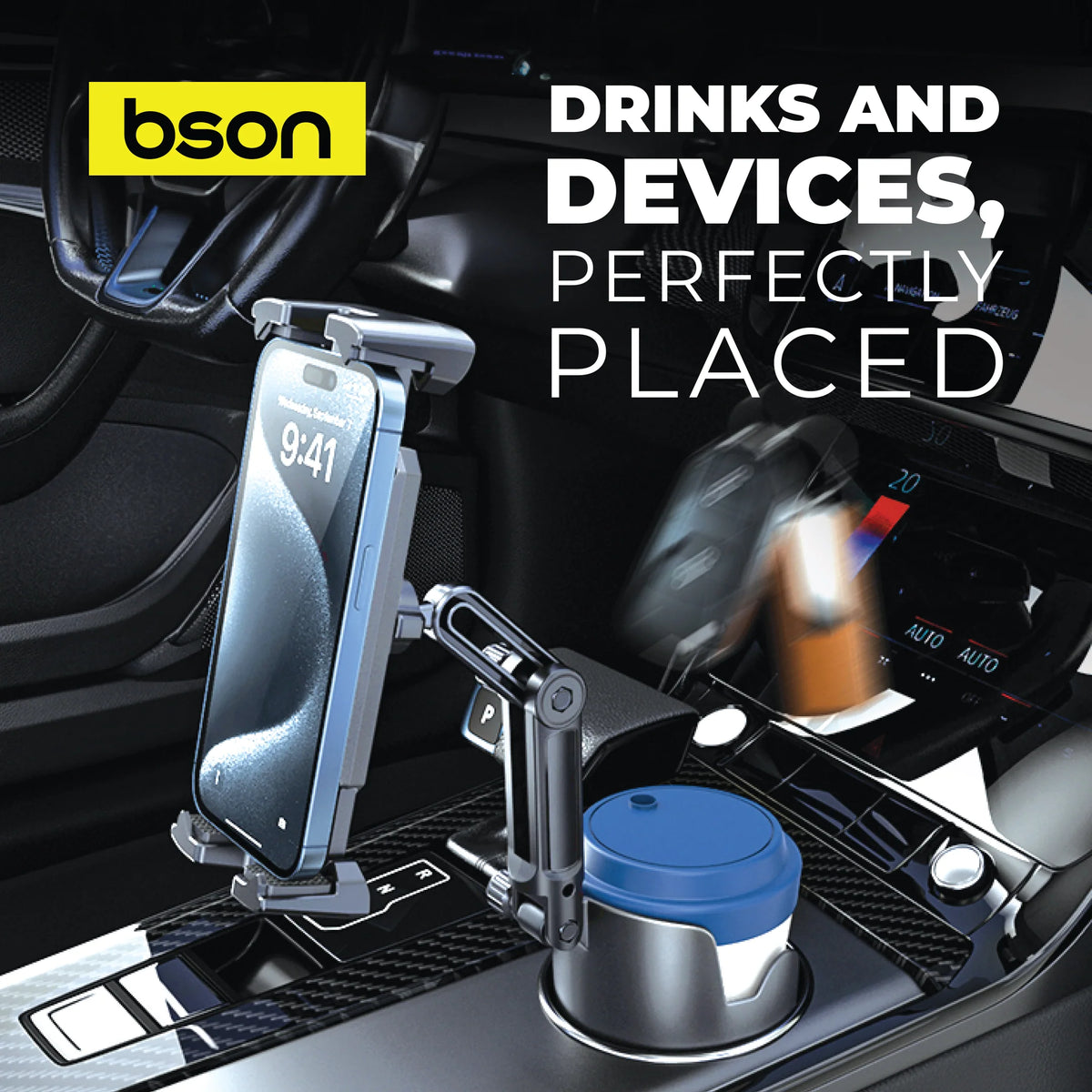 Bson 2-in-1 Cup & Phone Holder for Car – 360° Rotation, Adjustable Extender, One-Hand Operation, Universal Compatibility - BRK323