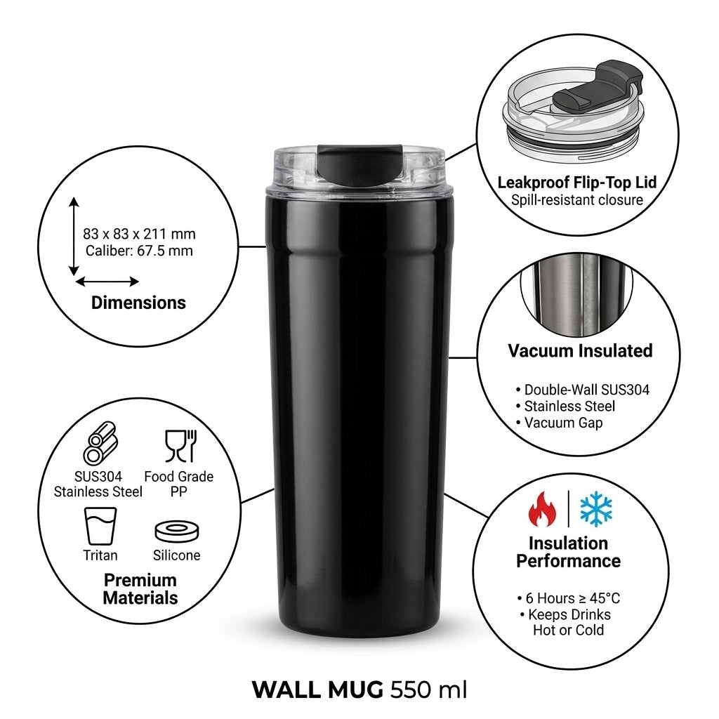 Double Wall Vacuum Insulated Travel Mug - 550ml - SUS304 Stainless Steel Leakproof Flip-Top Lid - 4223 Black