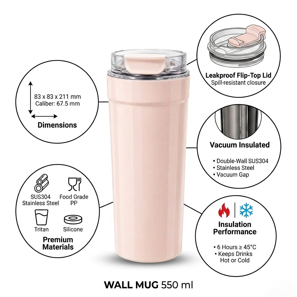 Double Wall Vacuum Insulated Travel Mug - 550ml - SUS304 Stainless Steel Leakproof Flip-Top Lid - 4223