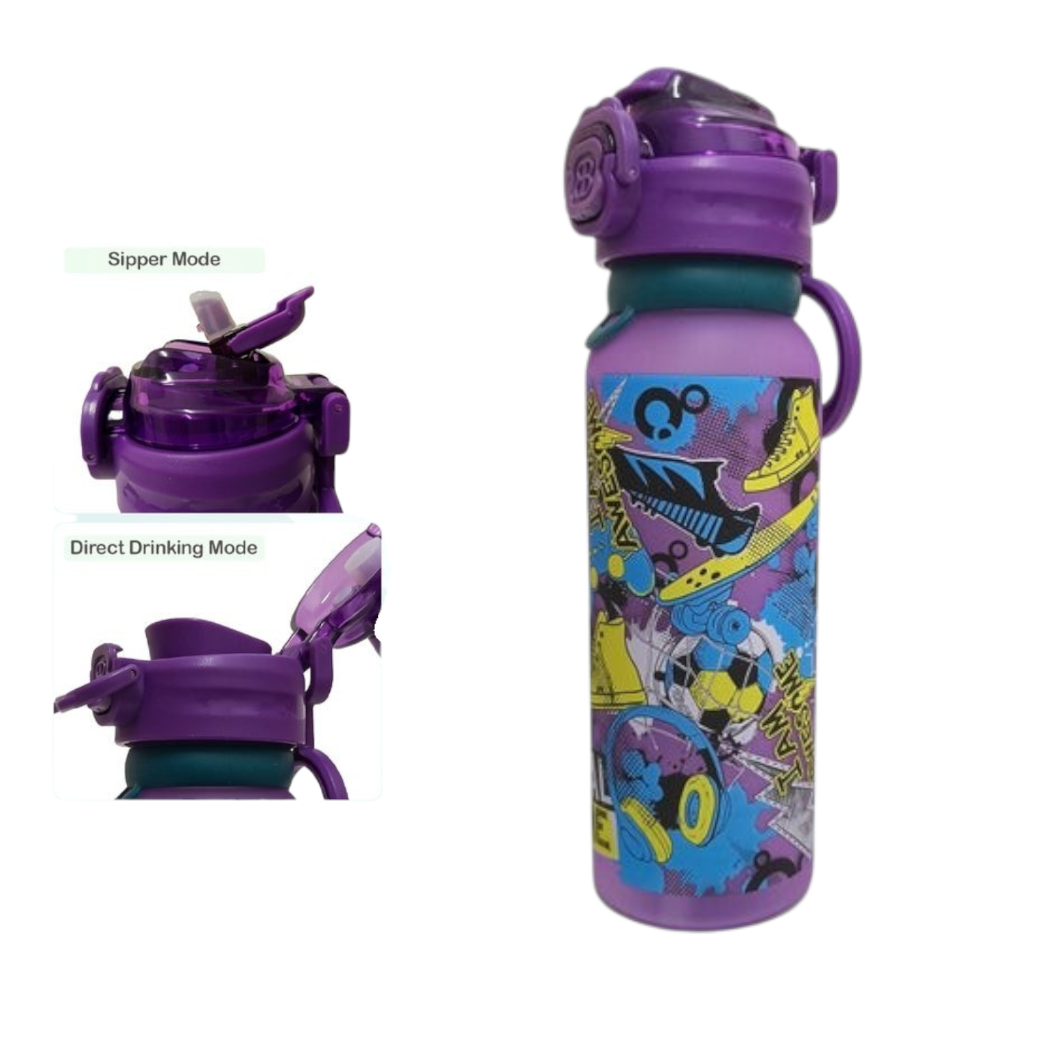 Dual Mode Kids Sports Water Bottle with Sipper and Direct Drink Lid Purple A4-46