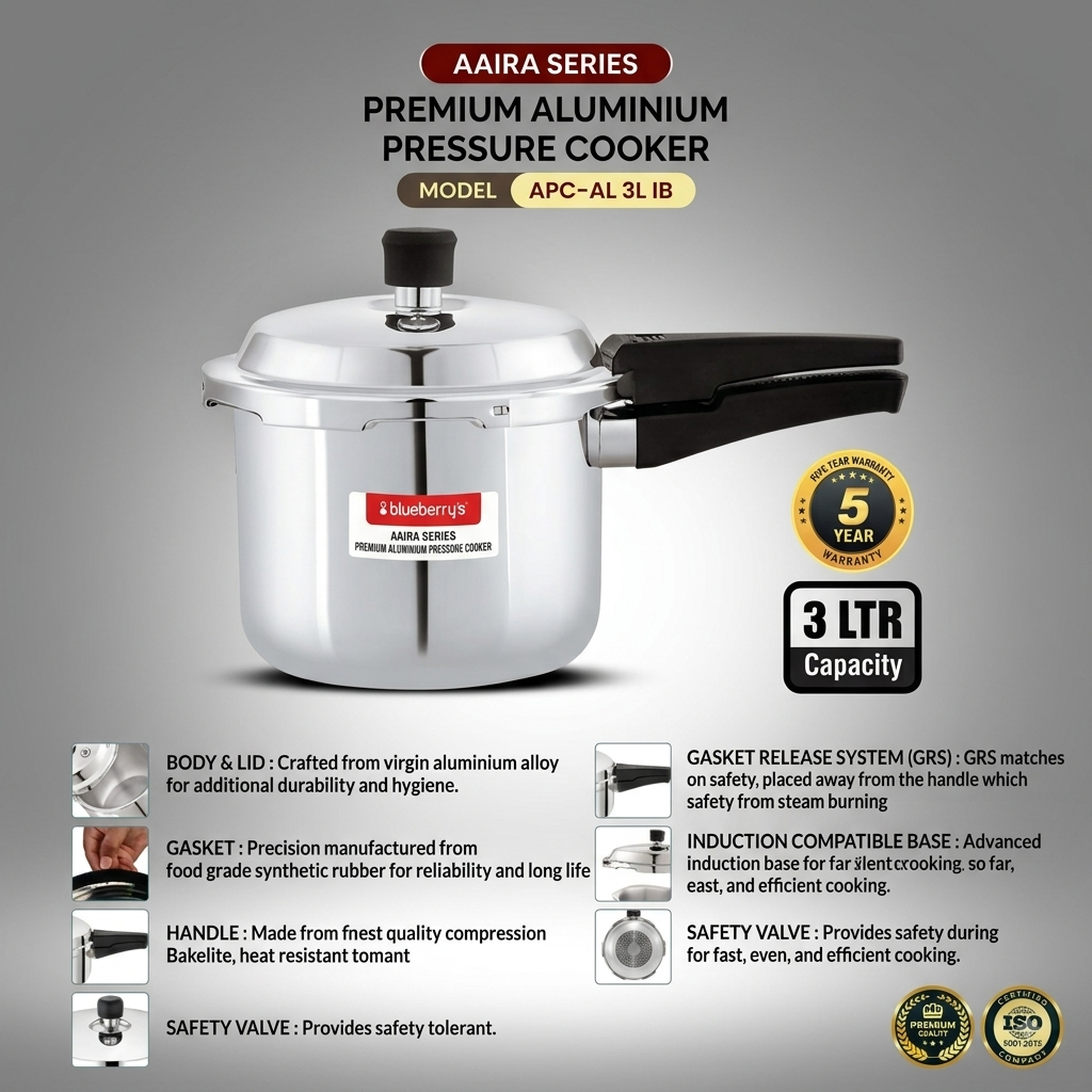 Blueberrys Aaira Series Premium Aluminium Pressure Cooker -3L -Induction Compatible - APC-AL 3L IB