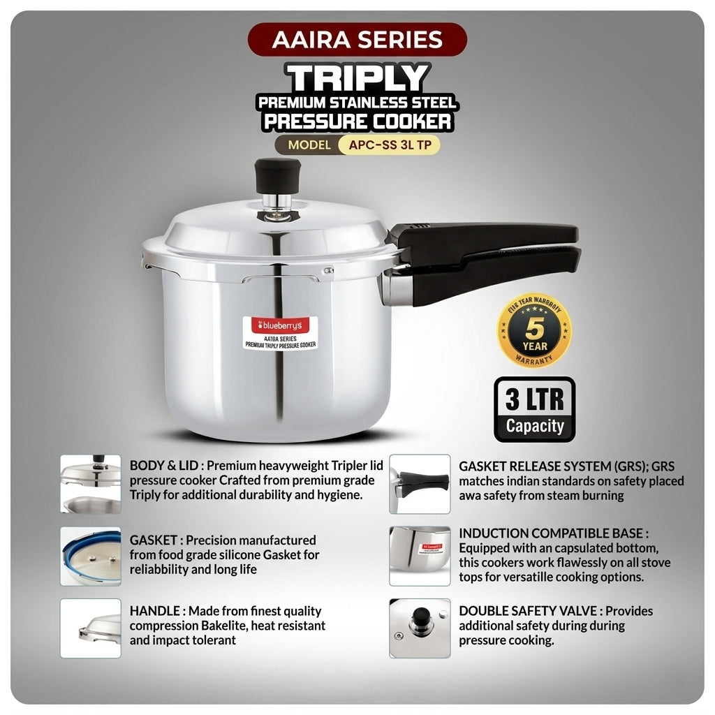 Blueberrys Aaira Series - Triply Stainless-Steel Pressure Cooker -3L - Induction Compatible- APC-SS 3L TP