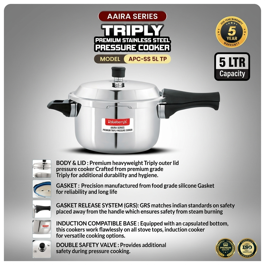 Blueberrys Aaira Series Triply Stainless-Steel Pressure Cooker -5L- Induction Compatible - APC-SS 5L TP