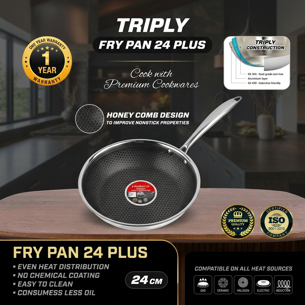 Blueberrys Triply Stainless-Steel Fry Pan 24cm - Honeycomb Design - Induction Compatible - Triply SS Fry Pan 24 Plus