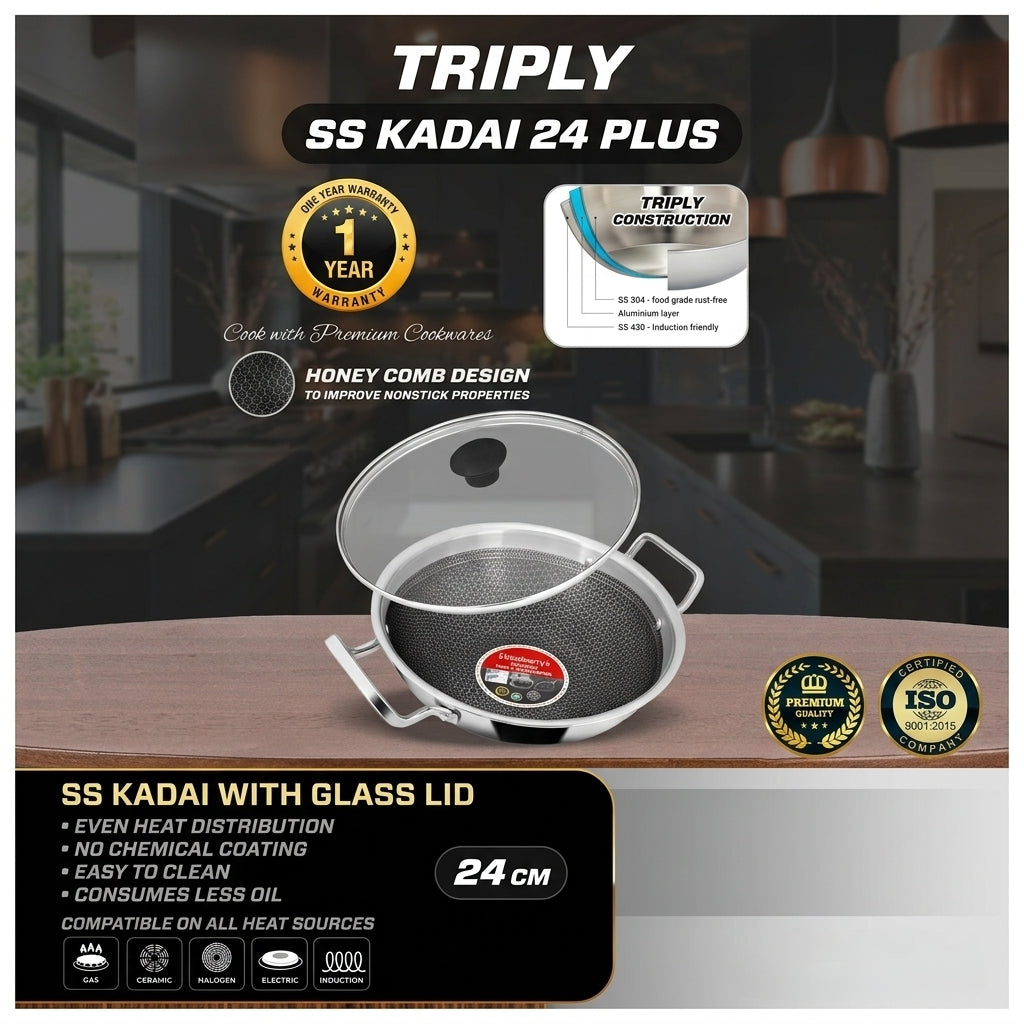 Blueberrys Triply Stainless Steel Kadai - 24cm - Honeycomb Design with Glass Lid - Induction Compatible -Triply SS Kadai 24 Plus