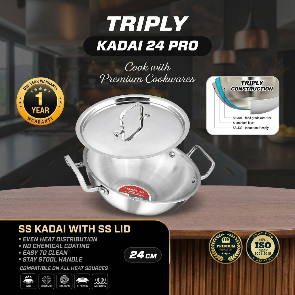Blueberrys Triply Stainless-Steel Kadai - 24cm with Stainless Steel Lid - Induction Compatible - Triply SS Kadai 24 Pro
