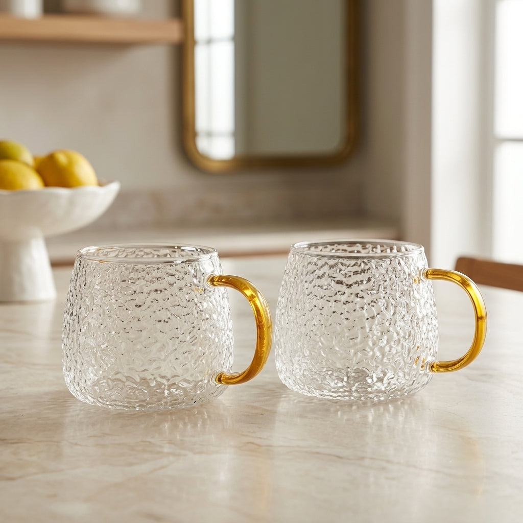 Textured Glass Mug Set of 2 Clear with Gold Handle Tea Coffee Cup - BL038