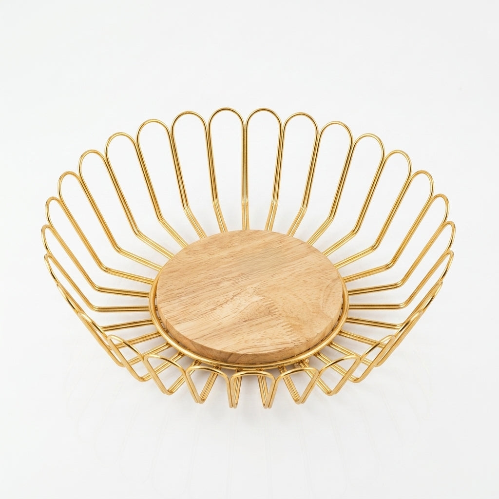 Gold Wire Fruit Basket with Wooden Base - Decorative Kitchen Counter Fruit Bowl - BL0668