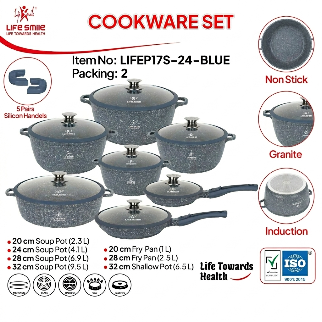 Life Smile Premium Granite Non-Stick Cookware Set with Lids LIFEP17S-24-BLUE
