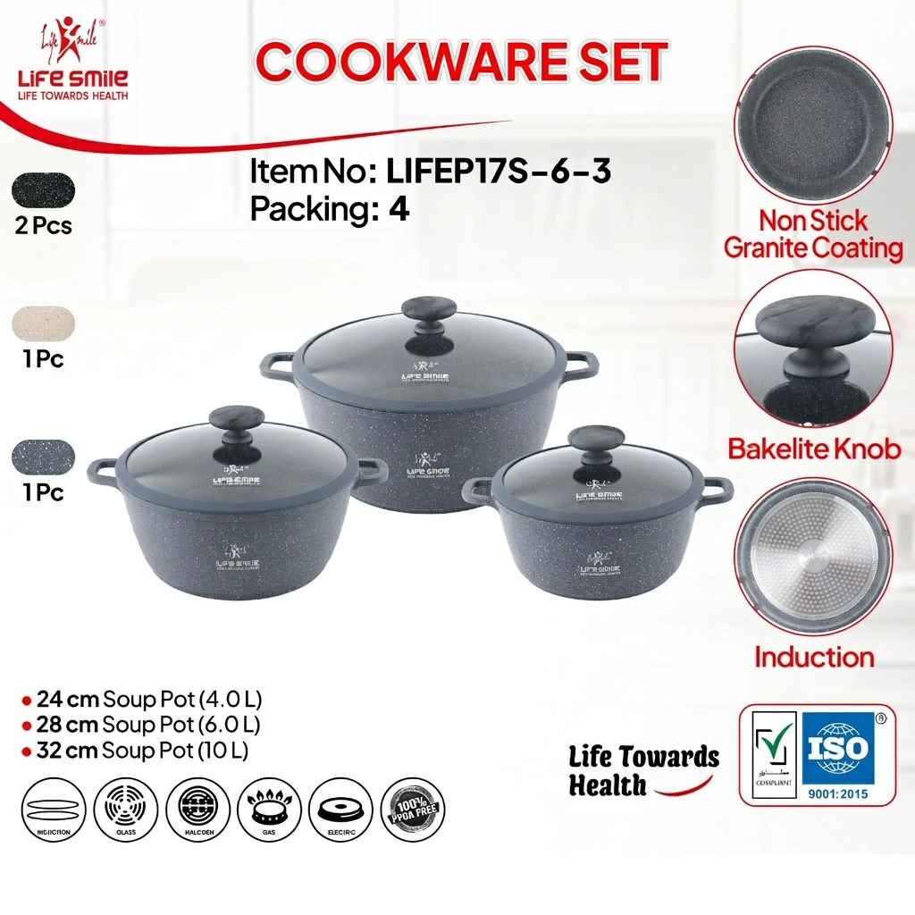 Life Smile Granite Non-Stick Cookware Set with Lids LIFEP17S-6-3
