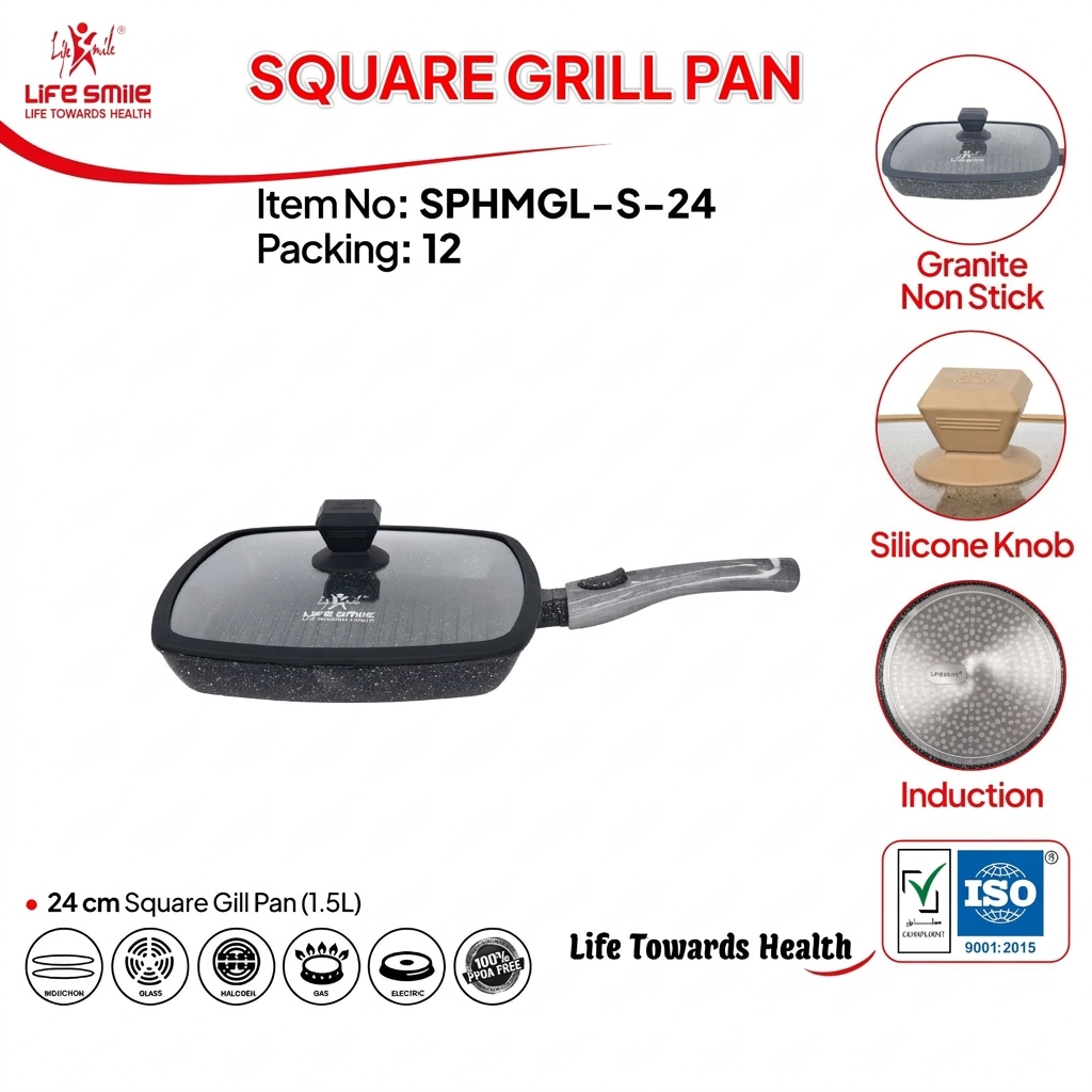 Life Smile Granite Non-Stick Square Grill Pan with Lid SPHMGL-S-24