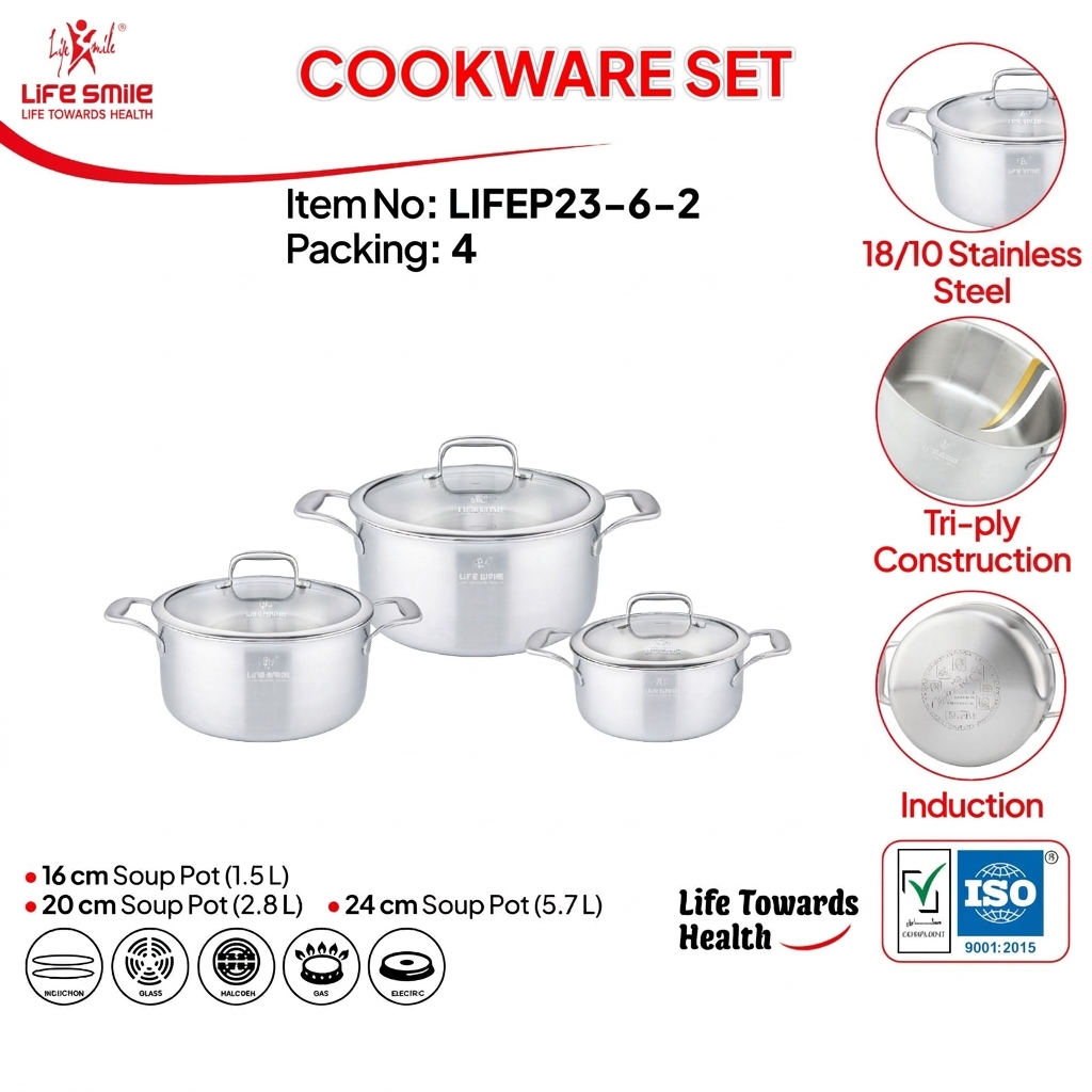 Life Smile Stainless Steel Cookware Set with Lids LIFEP23-6-2