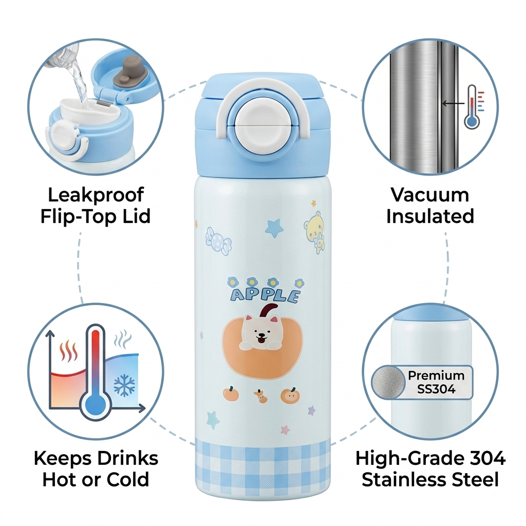 500ml Stainless Steel Vacuum Insulated Water Bottle – Leakproof Kids & Travel Flask - 3814 Blue