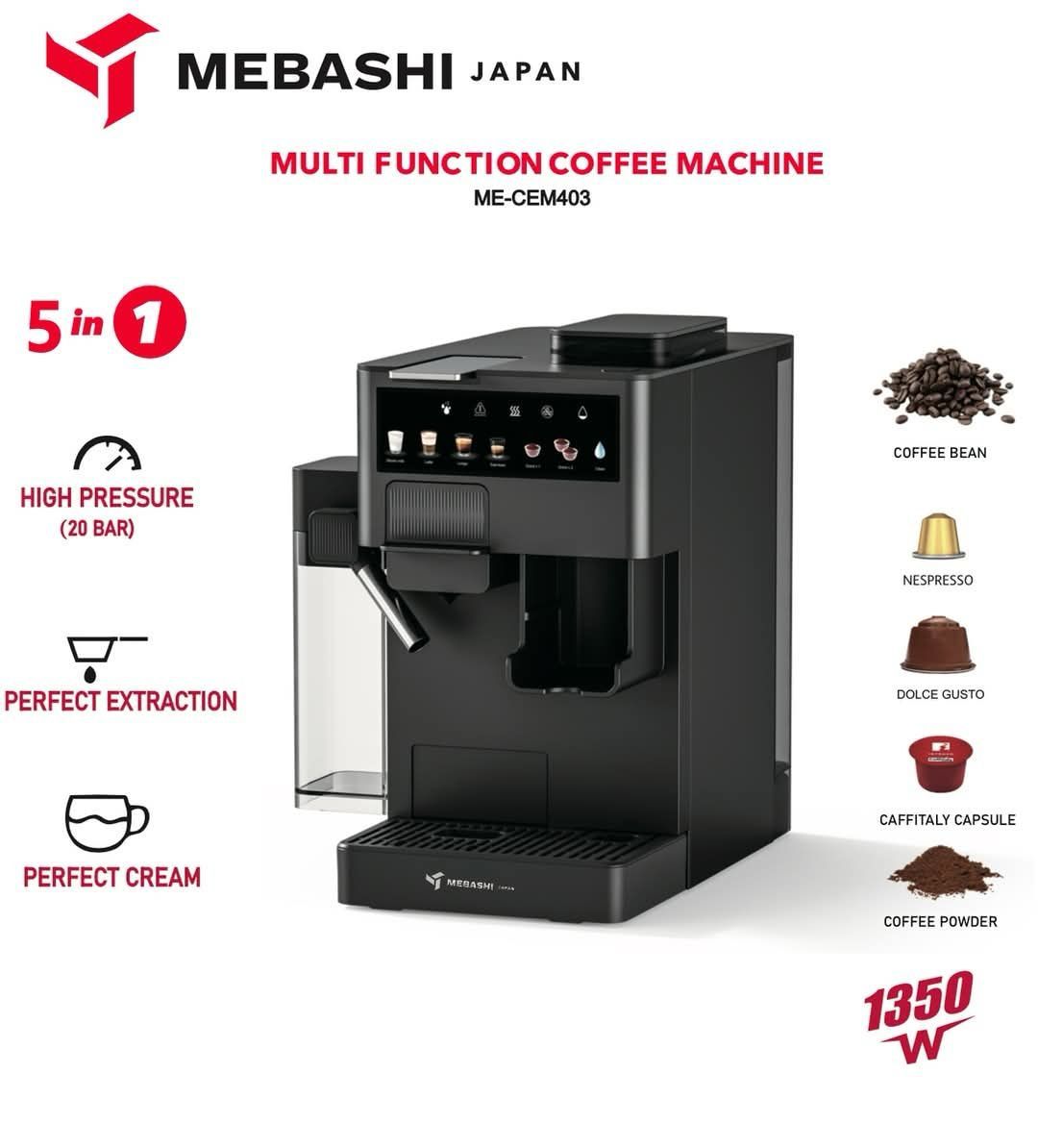 Mebashi 5 in 1 Coffee Machine with Milk Tank & Grinder ME-CEM403