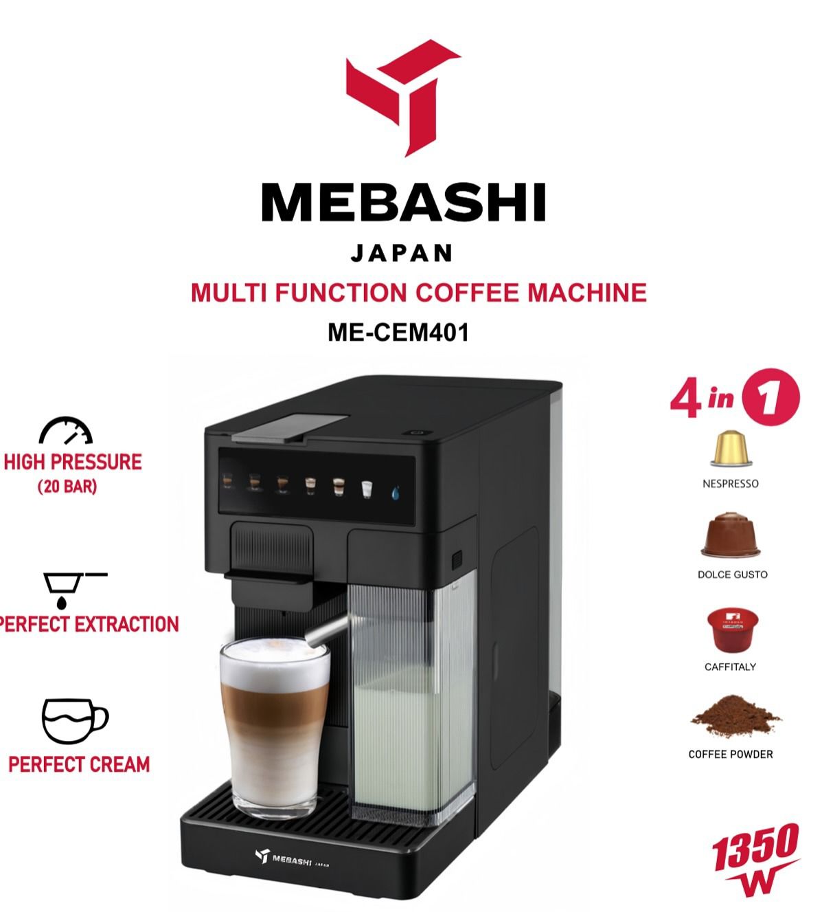 Mebashi 4 in 1 Coffee Machine with Milk Tank- Black ME-CEM401