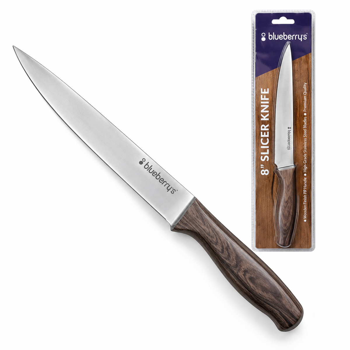 Blueberrys 8" Slicer Knife – High-Grade Stainless-Steel Blade with Wooden Finish PP Handle - MK006