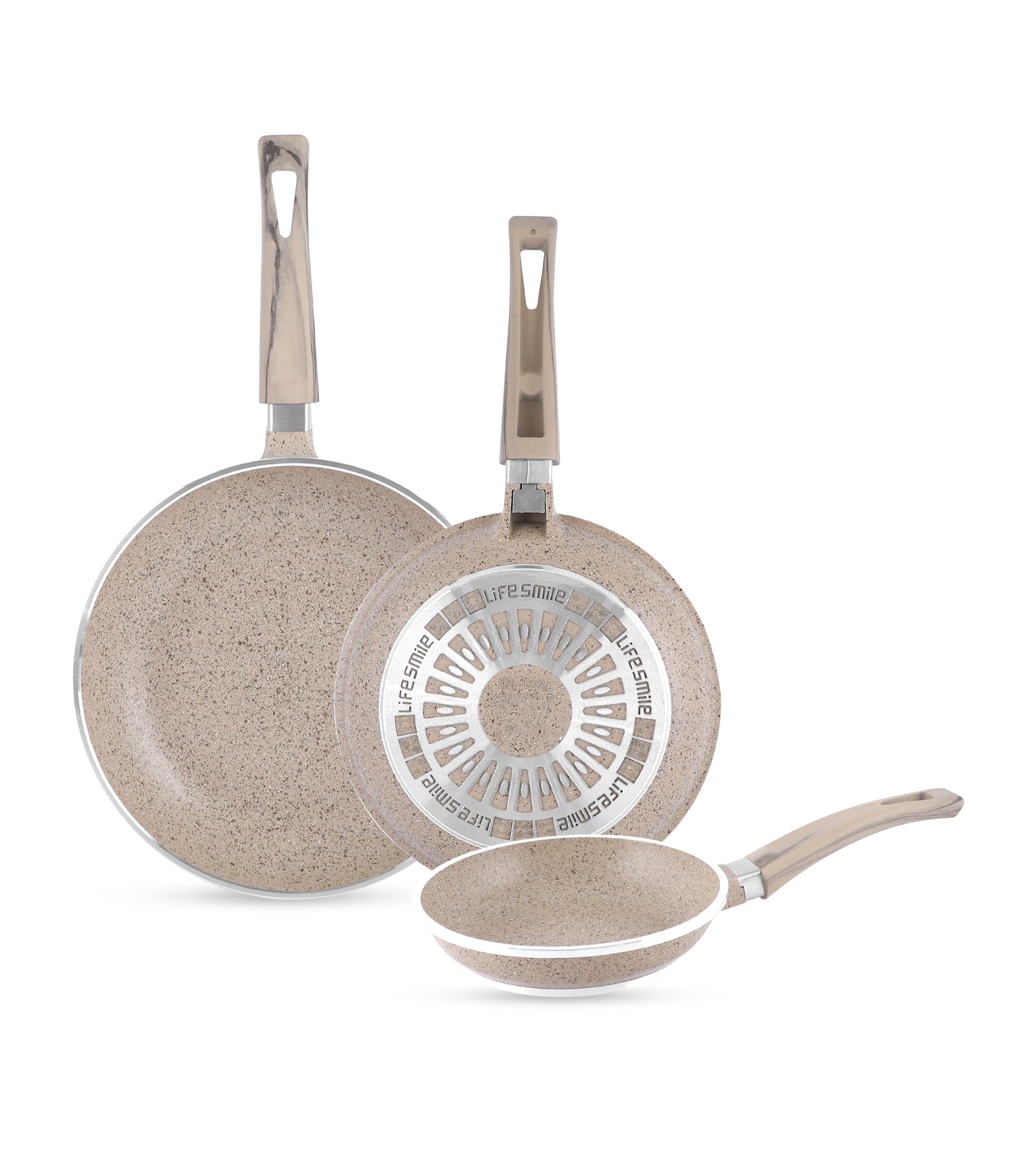 Life Smile Non-Stick Frying Pan Set of 3 with Heat Resistant Handle 2FP17SET-BEIGE
