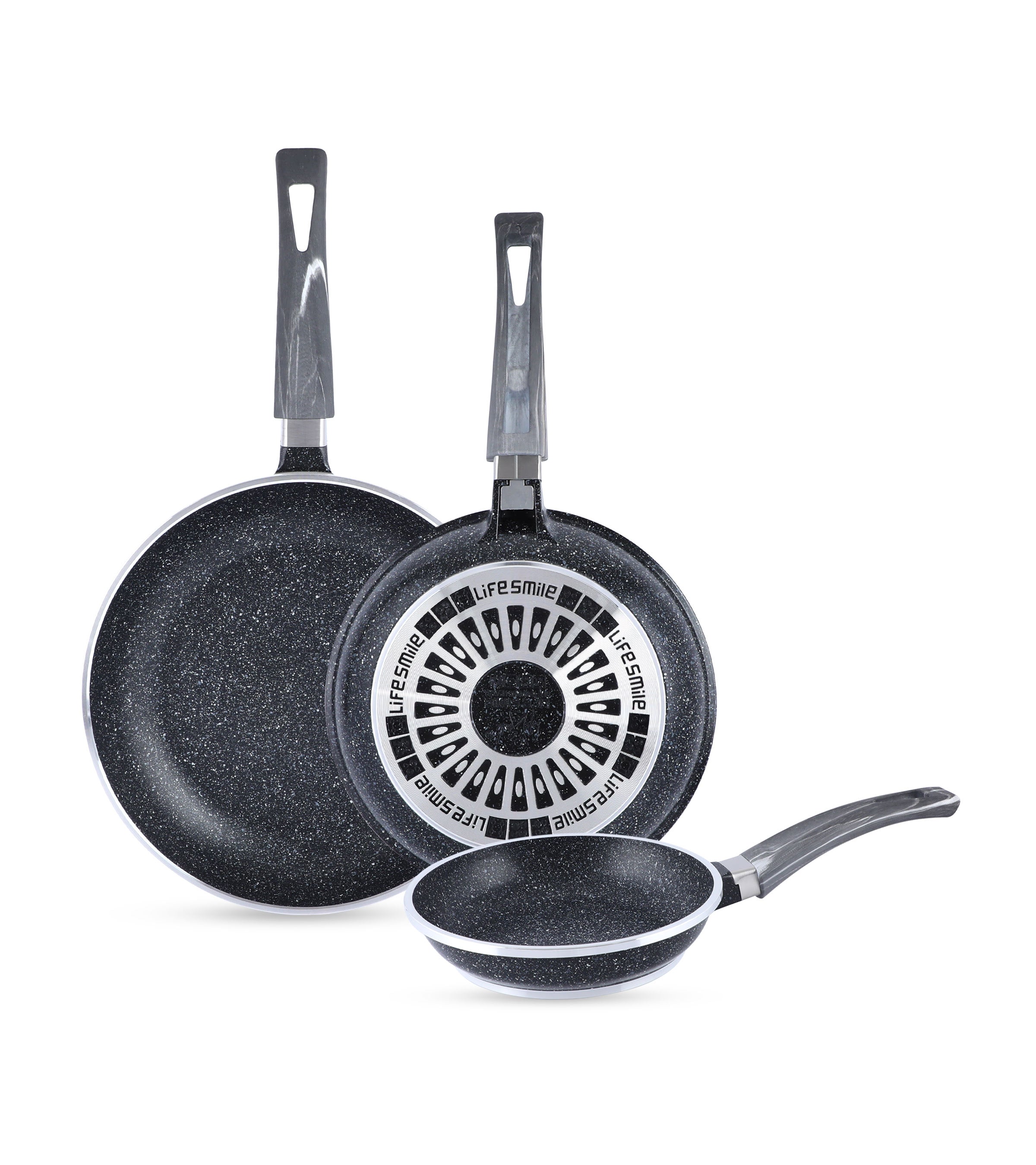 Life Smile Non-Stick Frying Pan Set of 3 with Heat Resistant Handle 2FP17SET-BLACK