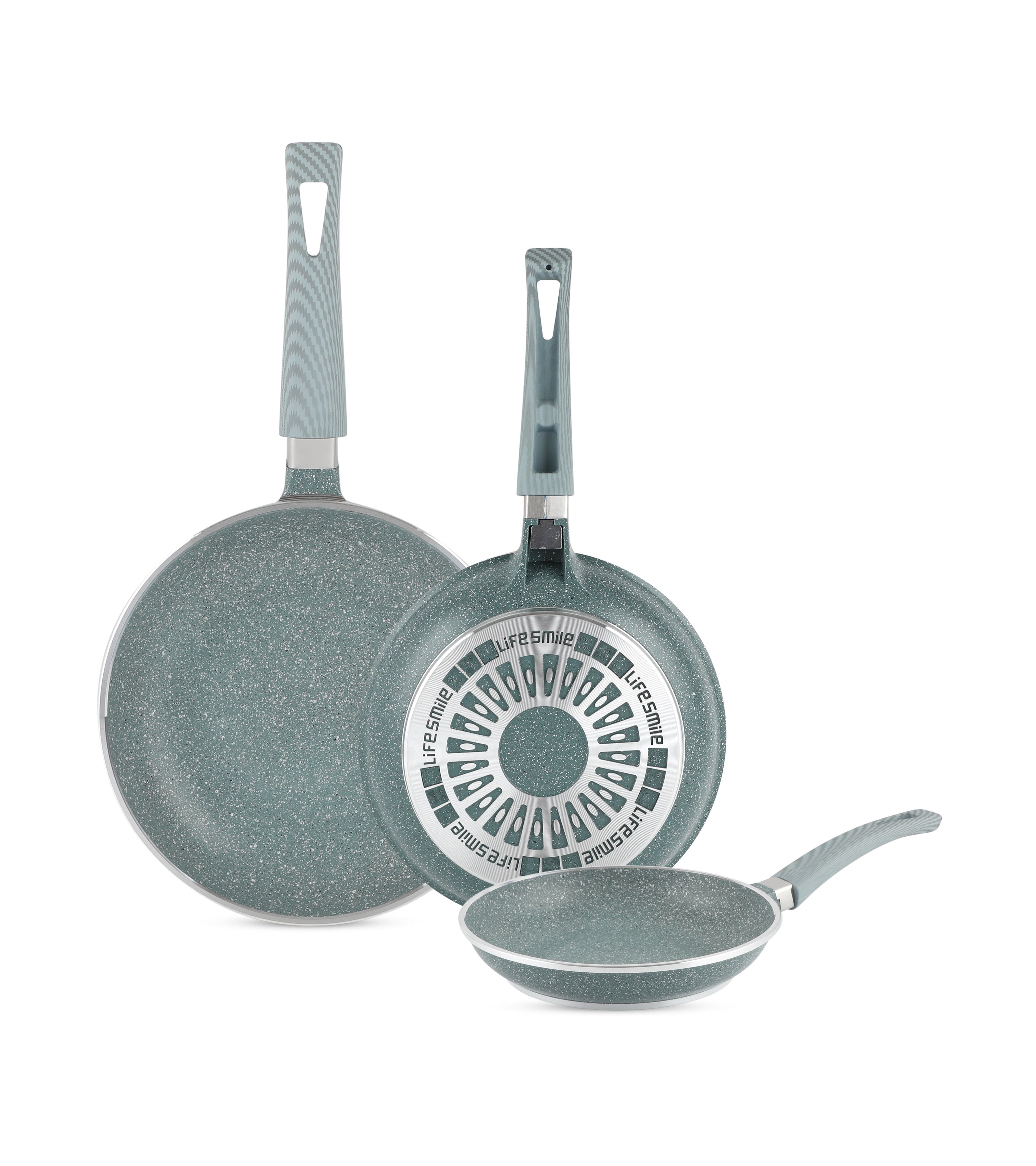 Life Smile Non-Stick Fry Pan Set of 3 Multi-Layer Granite Coating 2FP7SET-GREEN