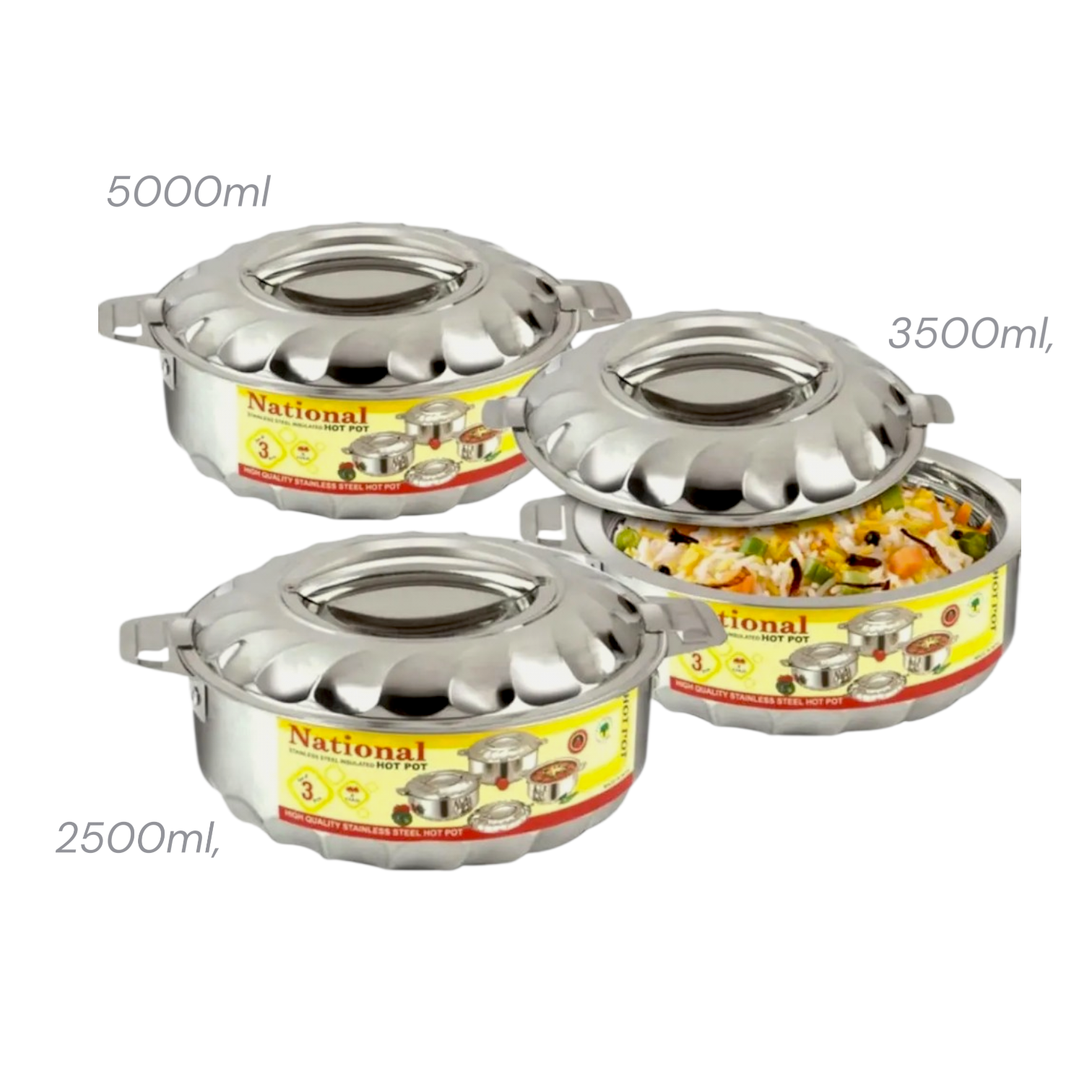 National Stainless Steel Insulated Hot Pot Casserole Set of 3 (2500ml, 3500ml, 5000ml)